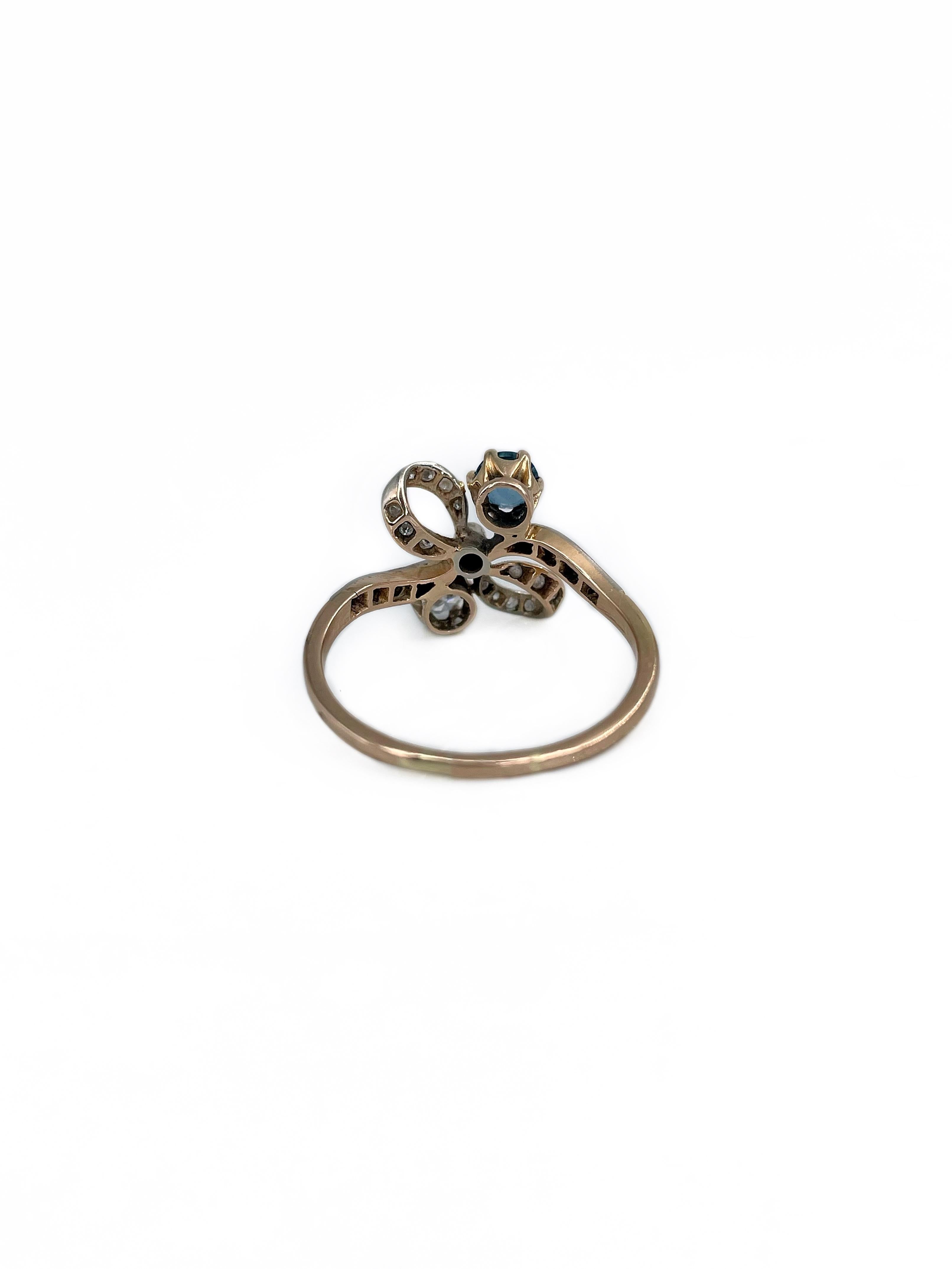 Belle Epoque 18 Karat Gold Sapphire Diamond Bow Design Engagement Ring In Good Condition For Sale In Vilnius, LT