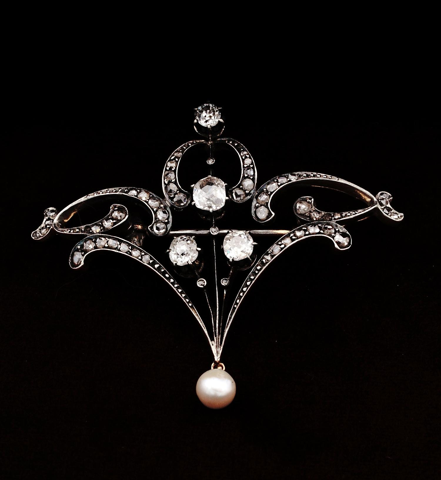 Belle Époque Belle Epoque 1.80 Ct Diamond Pearl 18 Kt Levaliere Brooch For Sale