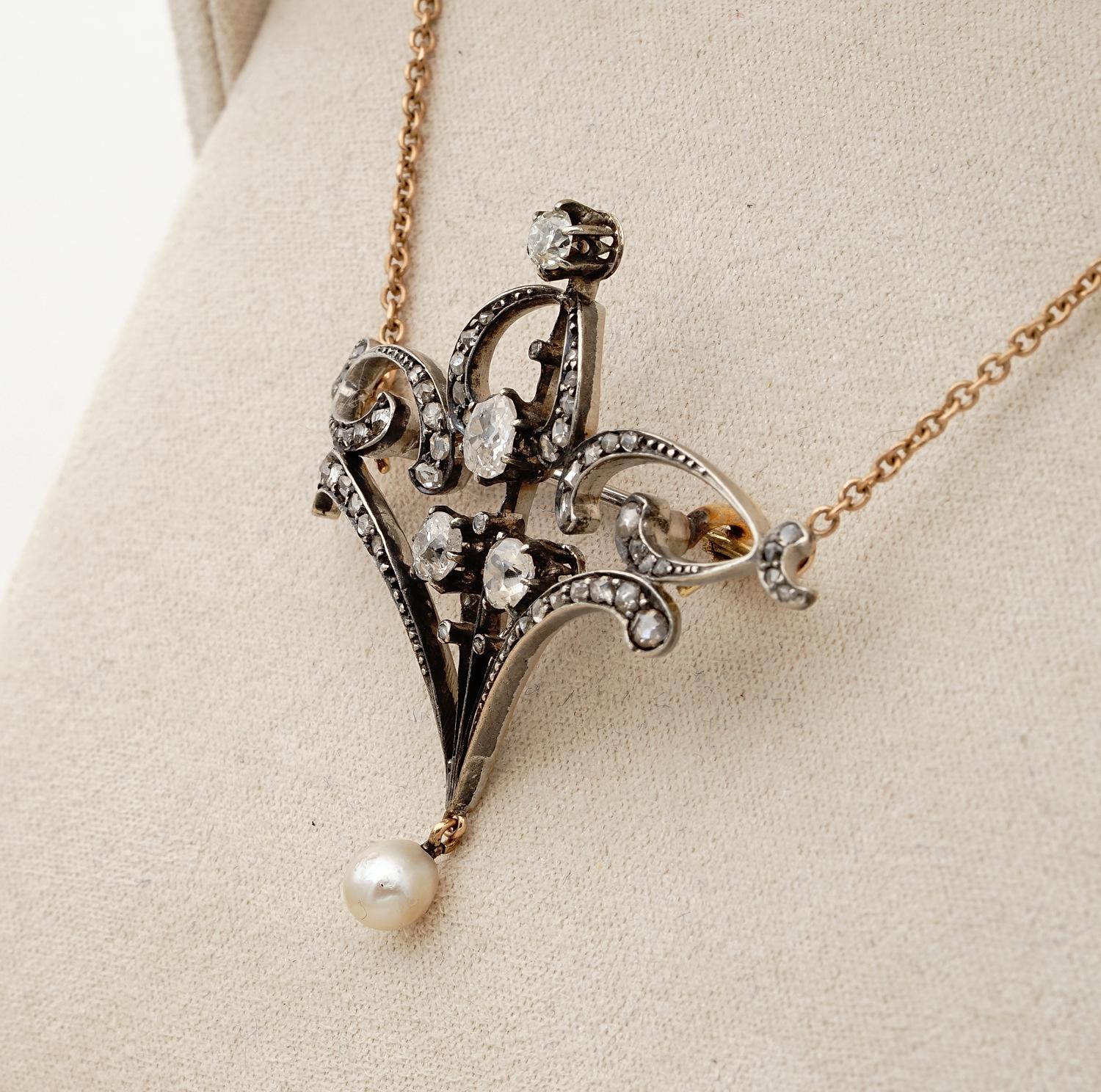 Women's or Men's Belle Epoque 1.80 Ct Diamond Pearl 18 Kt Levaliere Brooch For Sale