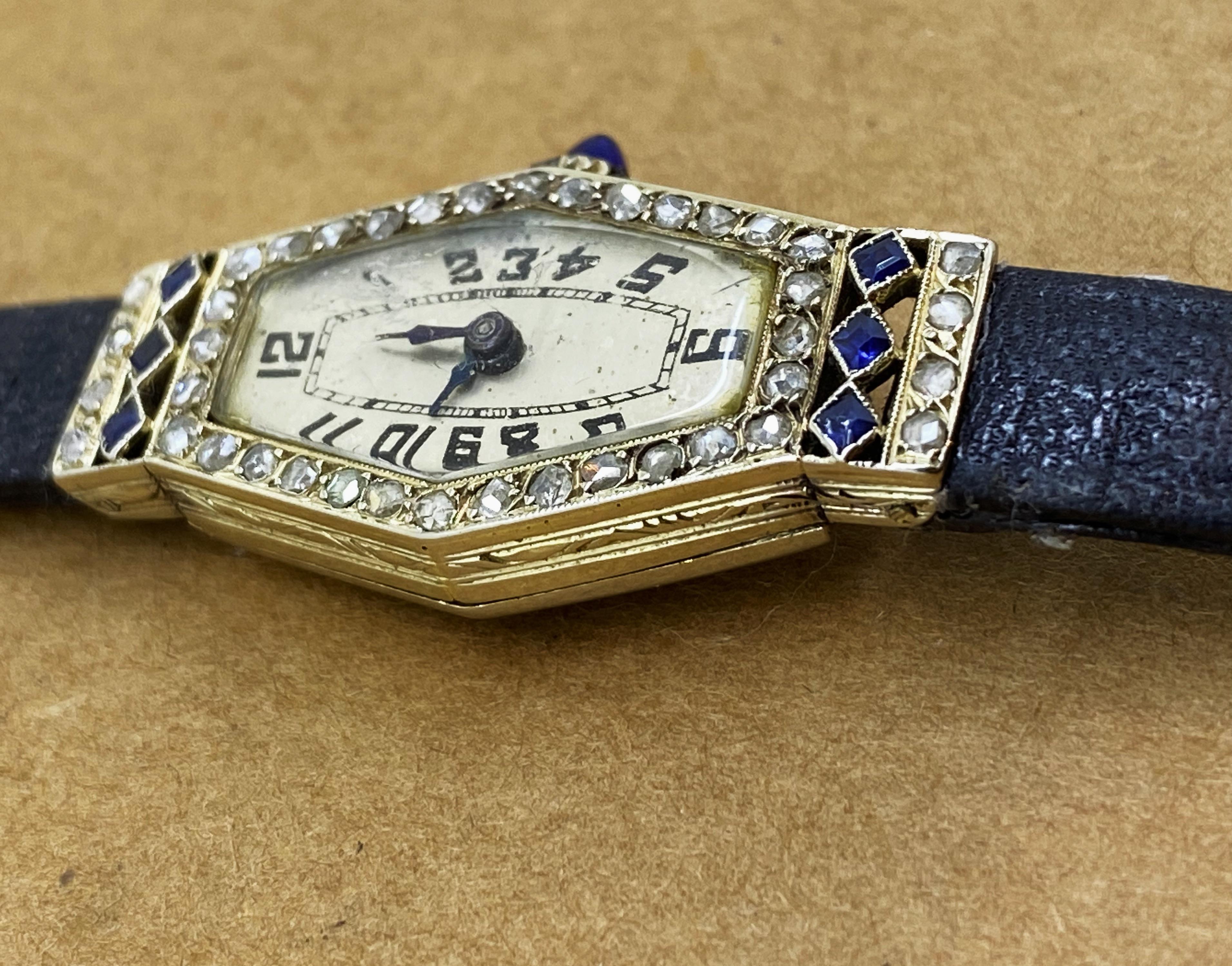Belle Epoque 18K Weißgold, Diamant im Rosenschliff, Saphir Schweizer Damenuhr (Belle Époque) im Angebot