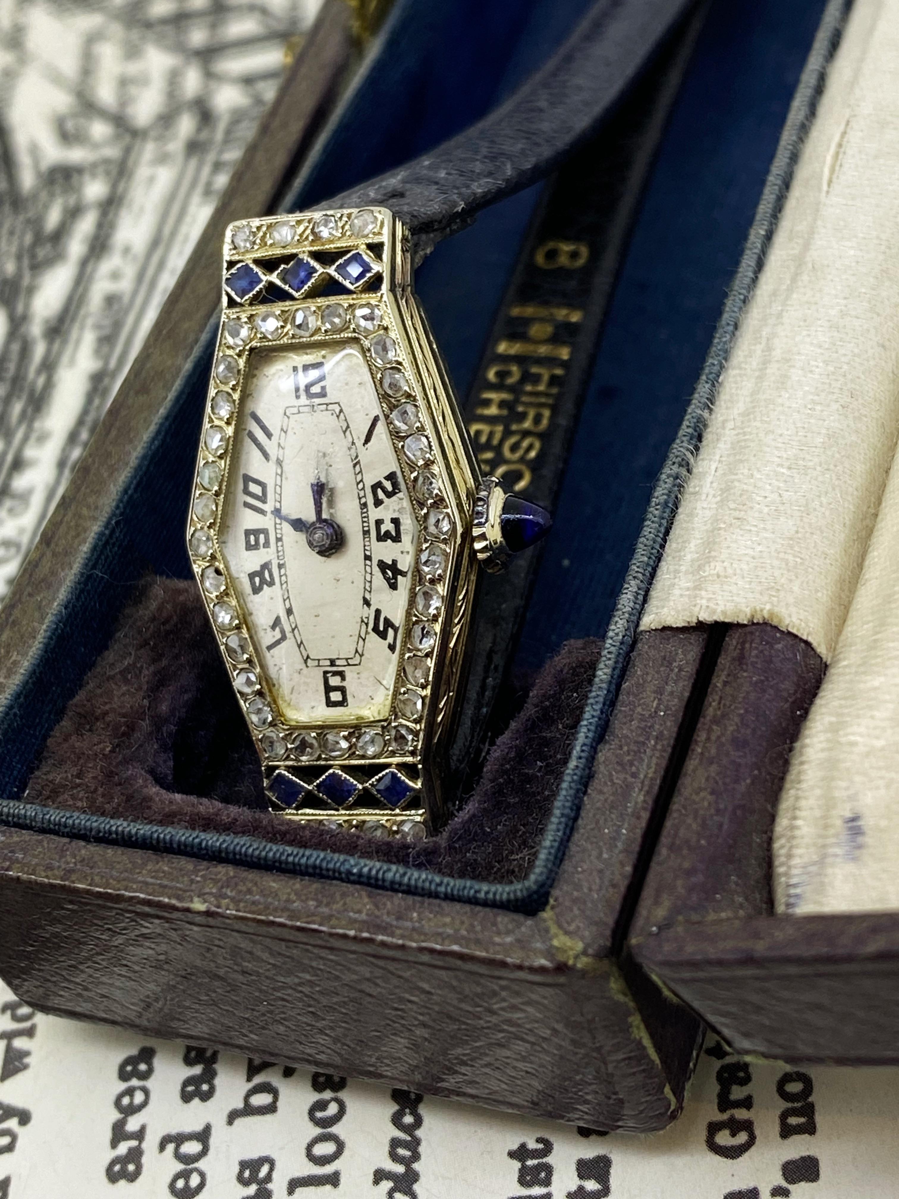 Belle Epoque 18K Weißgold, Diamant im Rosenschliff, Saphir Schweizer Damenuhr im Zustand „Hervorragend“ im Angebot in MELBOURNE, AU