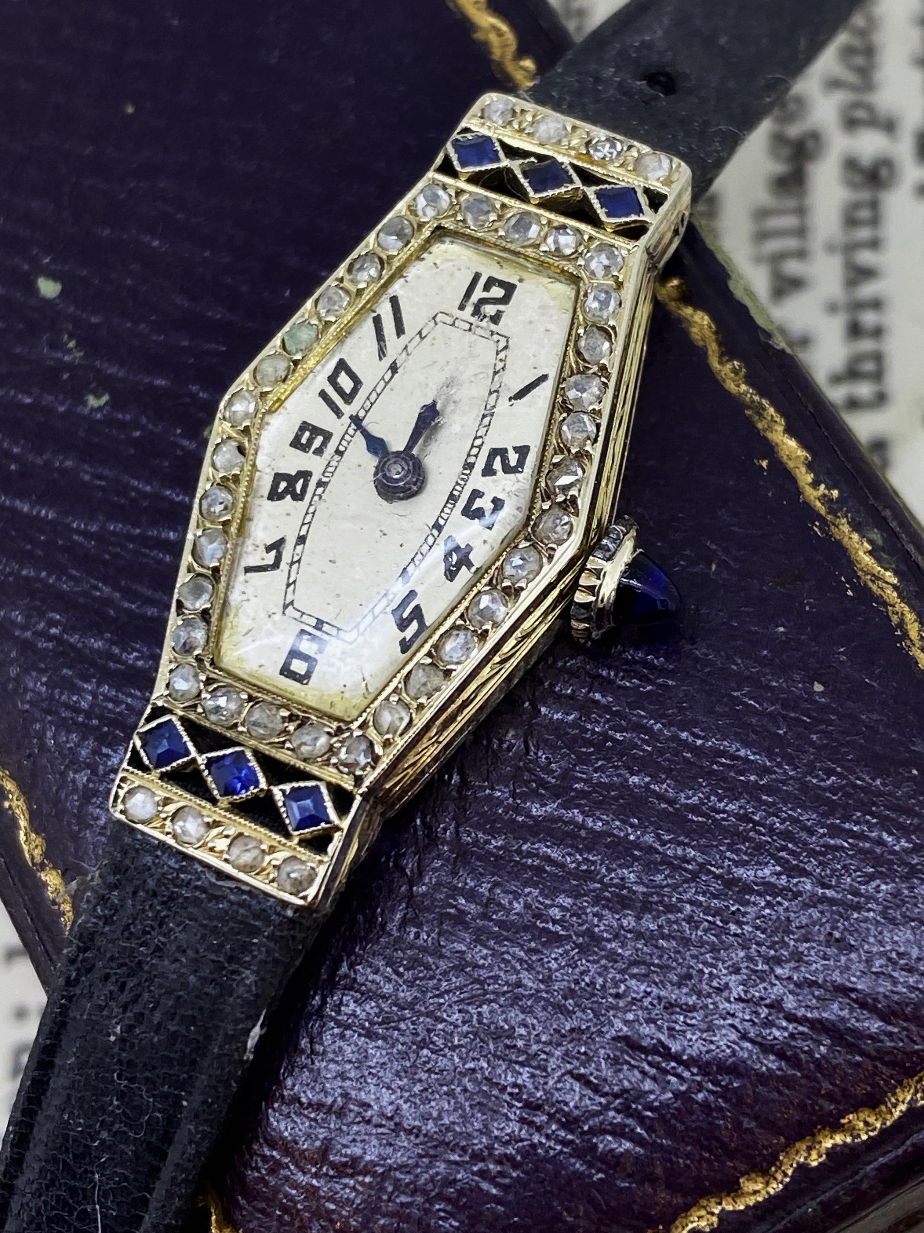 Belle Epoque 18K Weißgold, Diamant im Rosenschliff, Saphir Schweizer Damenuhr im Angebot 1