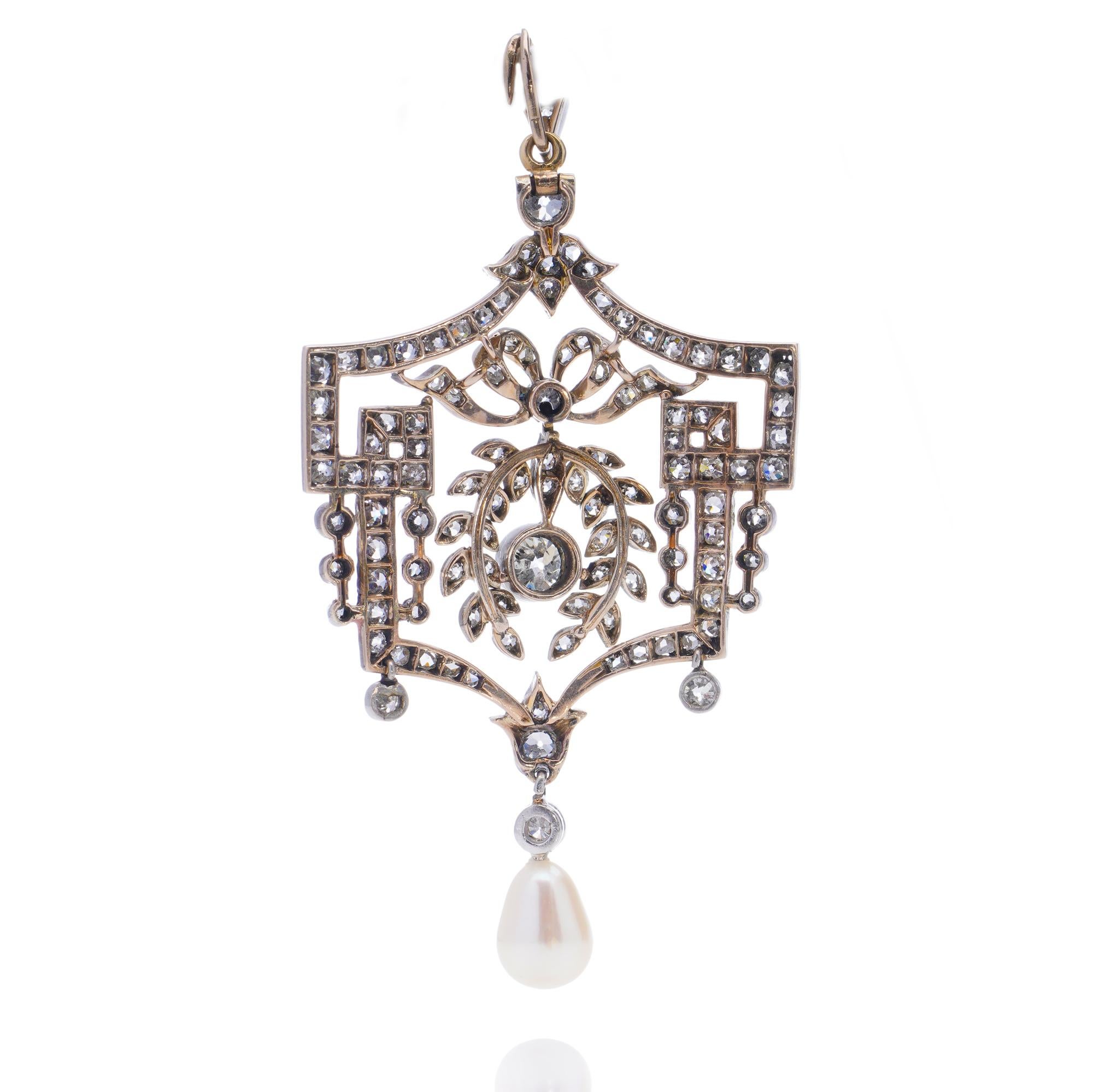 Belle Époque 18kt. Anhänger aus Gold und Silber mit Diamanten und Perlen (Alteuropäischer Schliff) im Angebot