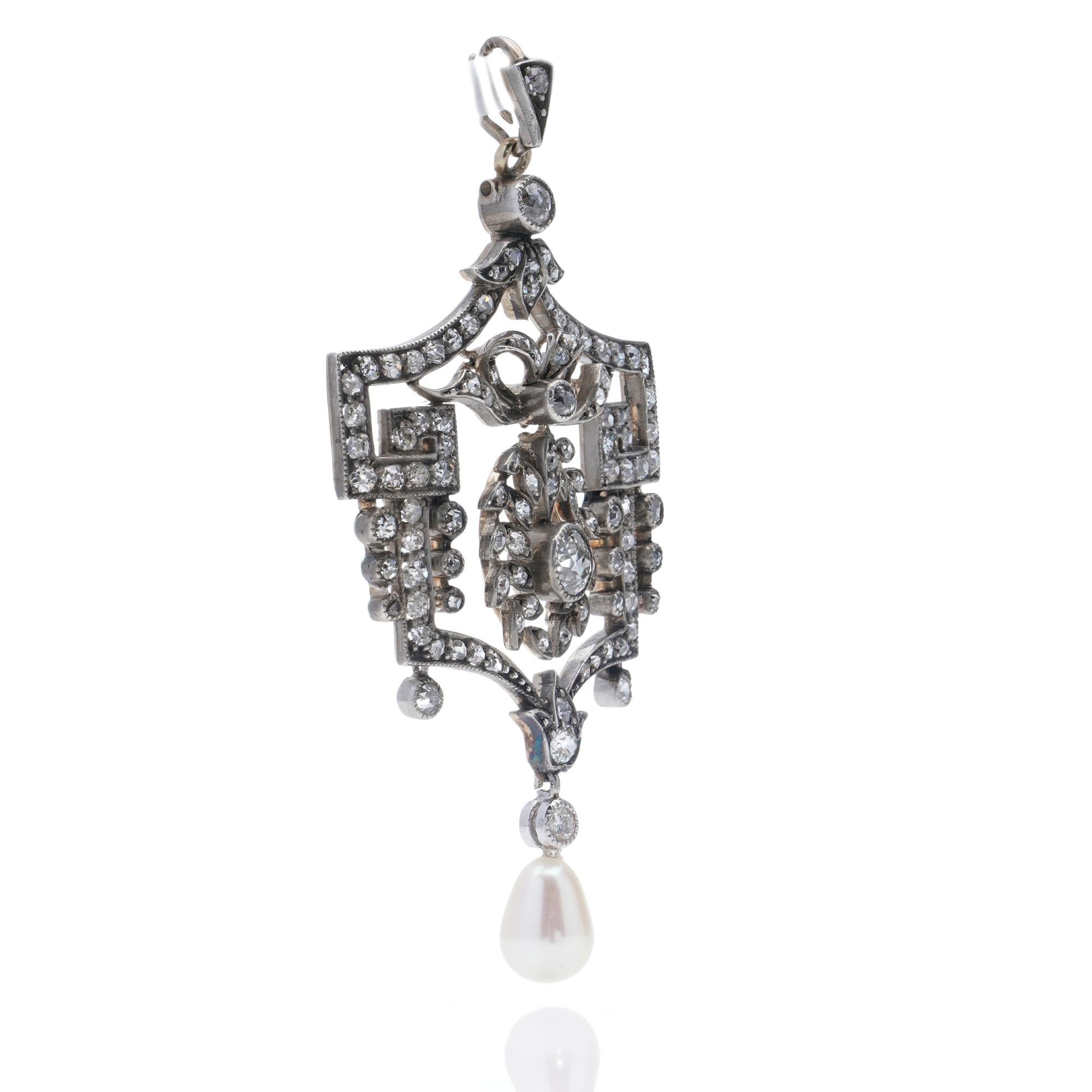 Old European Cut Belle Époque 18kt. Gold and Silver Pendant with Diamonds and Pearl For Sale