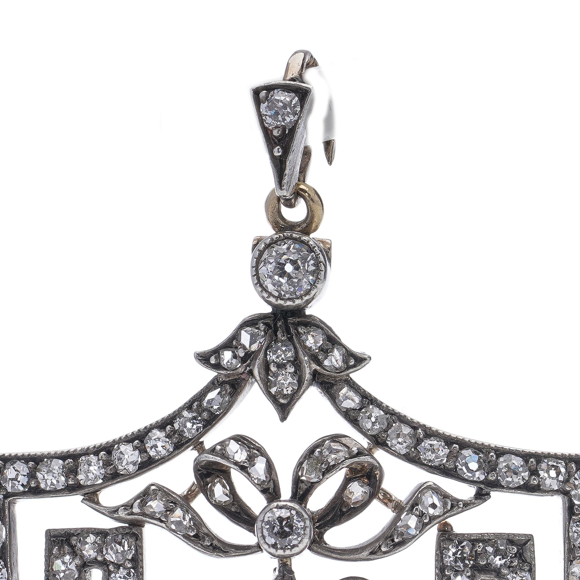 Women's or Men's Belle Époque 18kt. Gold and Silver Pendant with Diamonds and Pearl For Sale