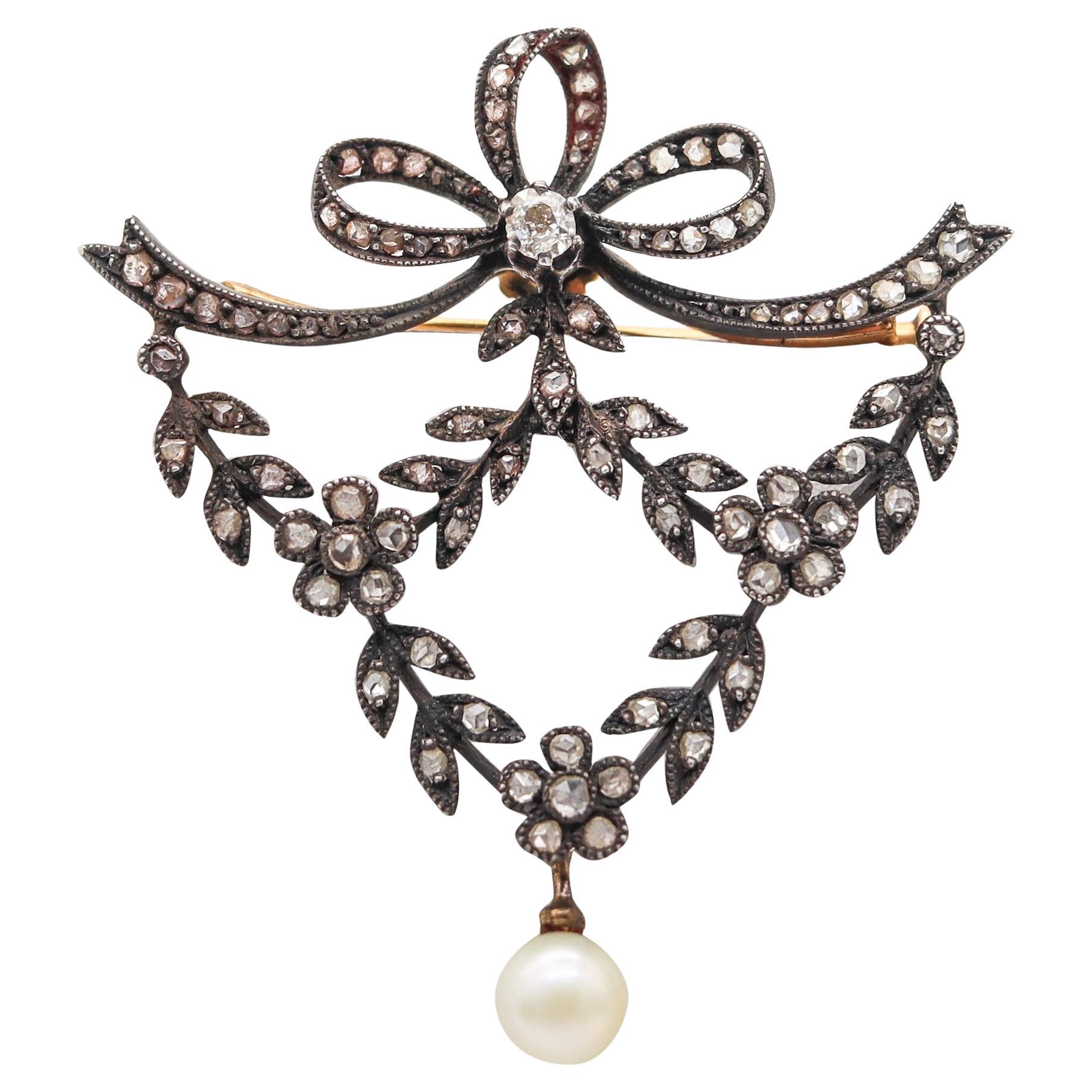 BELLE EPOQUE 1900 Austrian Antique Convertible Brooch With Diamonds 
Pearl For Sale