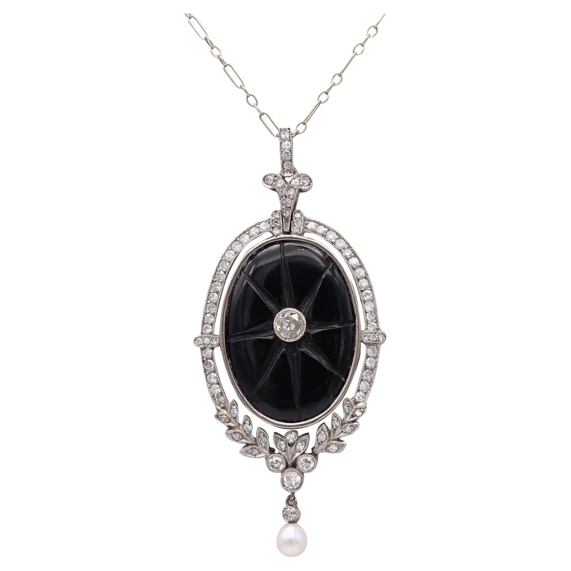 BELLE EPOQUE Collar eduardiano de 1900 en platino, diamantes, ónice y perla natural en venta