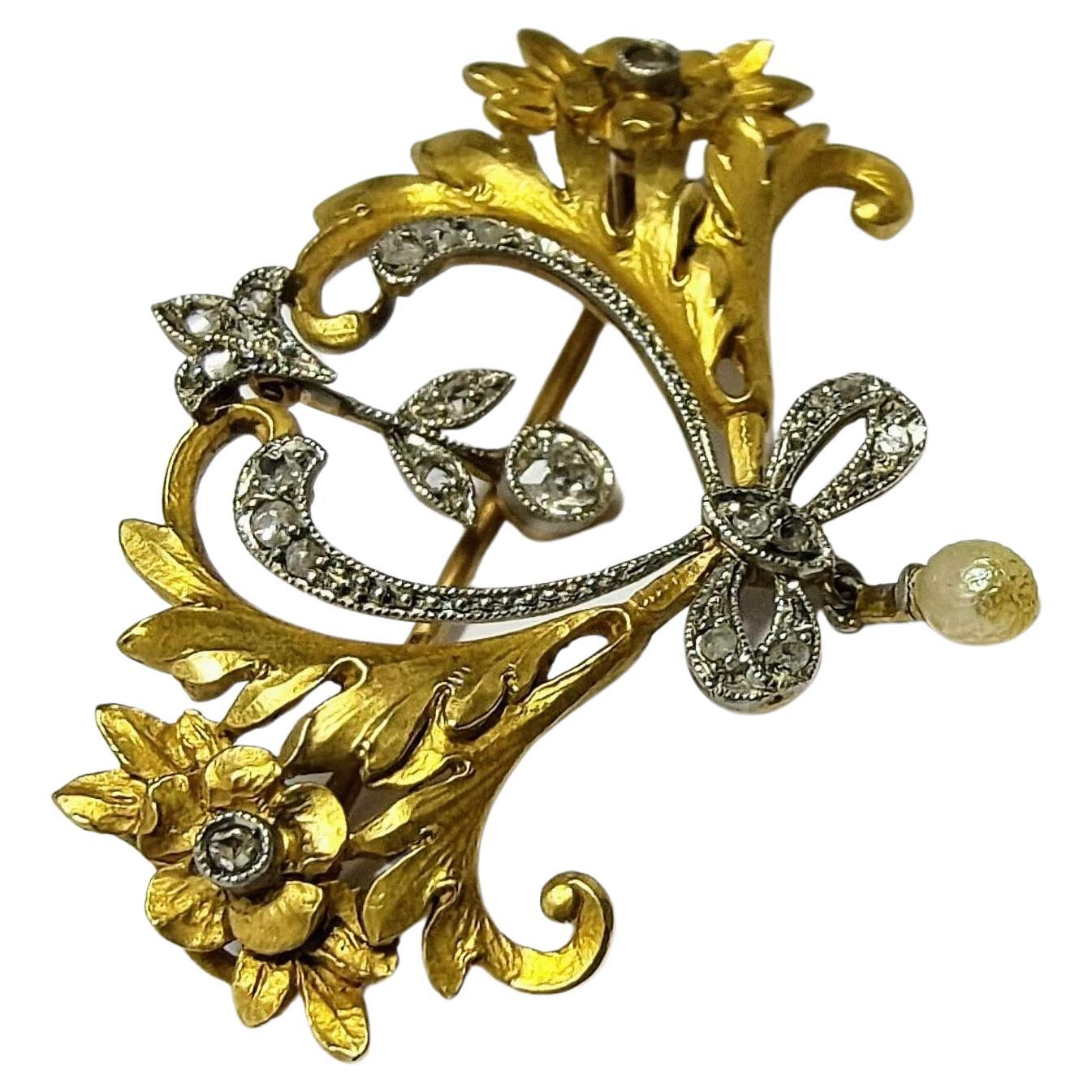 Vintage Belle Époque 1900s Brooche Diamond Natural Pearl Yellow Gold 18K and  Pt For Sale 6