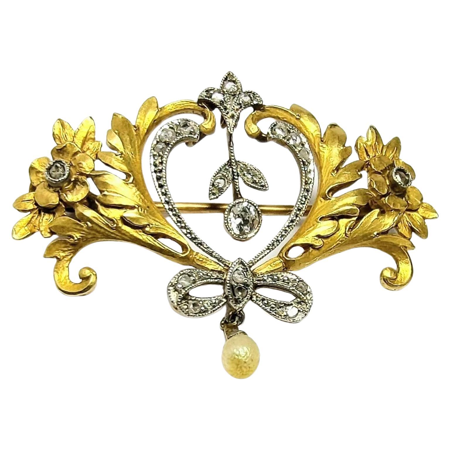 Vintage Belle Époque 1900s Brooche Diamond Natural Pearl Yellow Gold 18K and  Pt For Sale 7