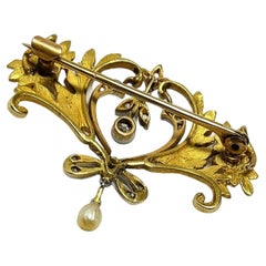 Vintage Belle Époque 1900s Brooche Diamond Natural Pearl Yellow Gold 18K and  Pt