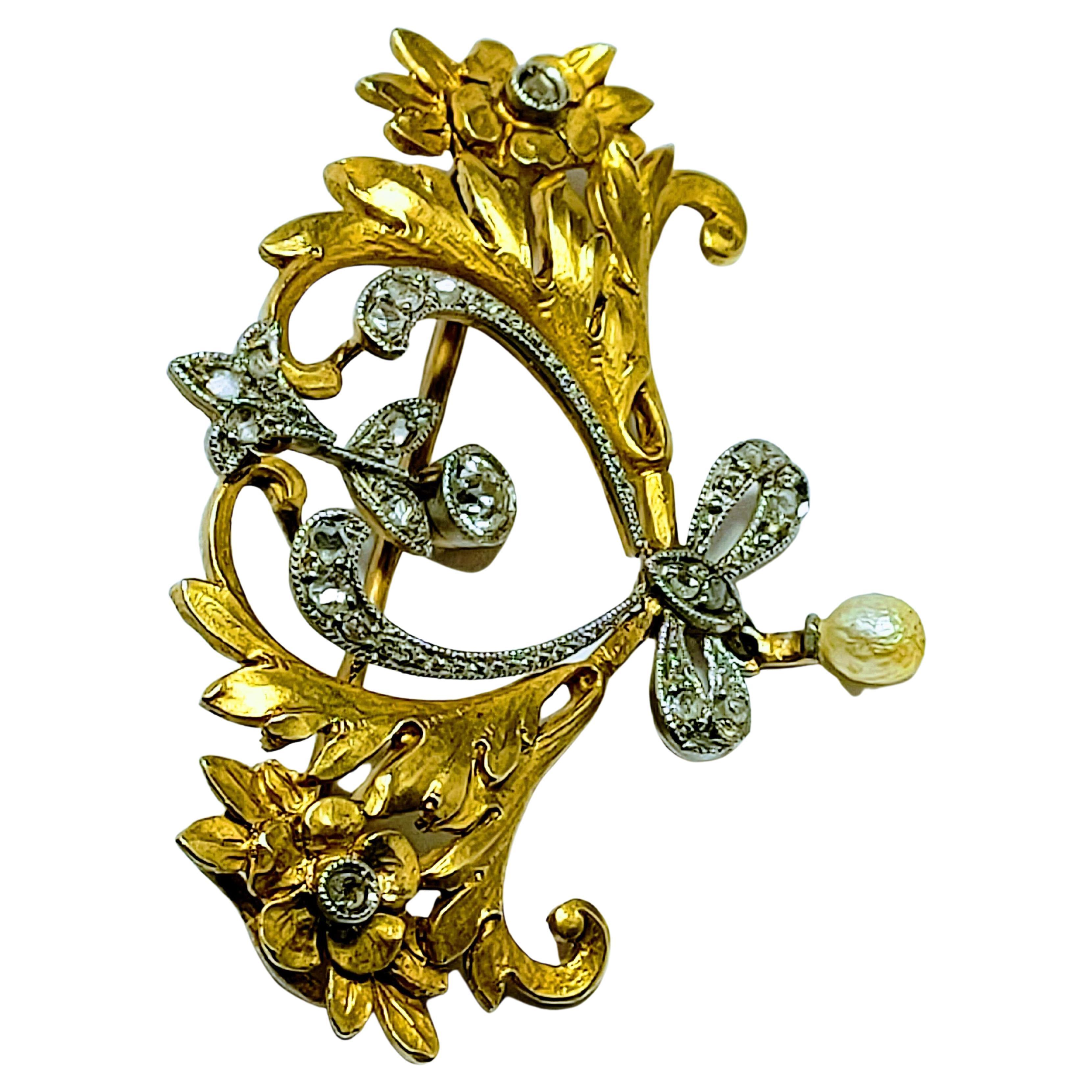 Vintage Belle Époque 1900s Brooche Diamond Natural Pearl Yellow Gold 18K and  Pt For Sale 4