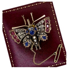 Belle Époque 1900's Diamond, Ceylon Sapphire, Ruby, Seed Pearl Butterfly Brooch