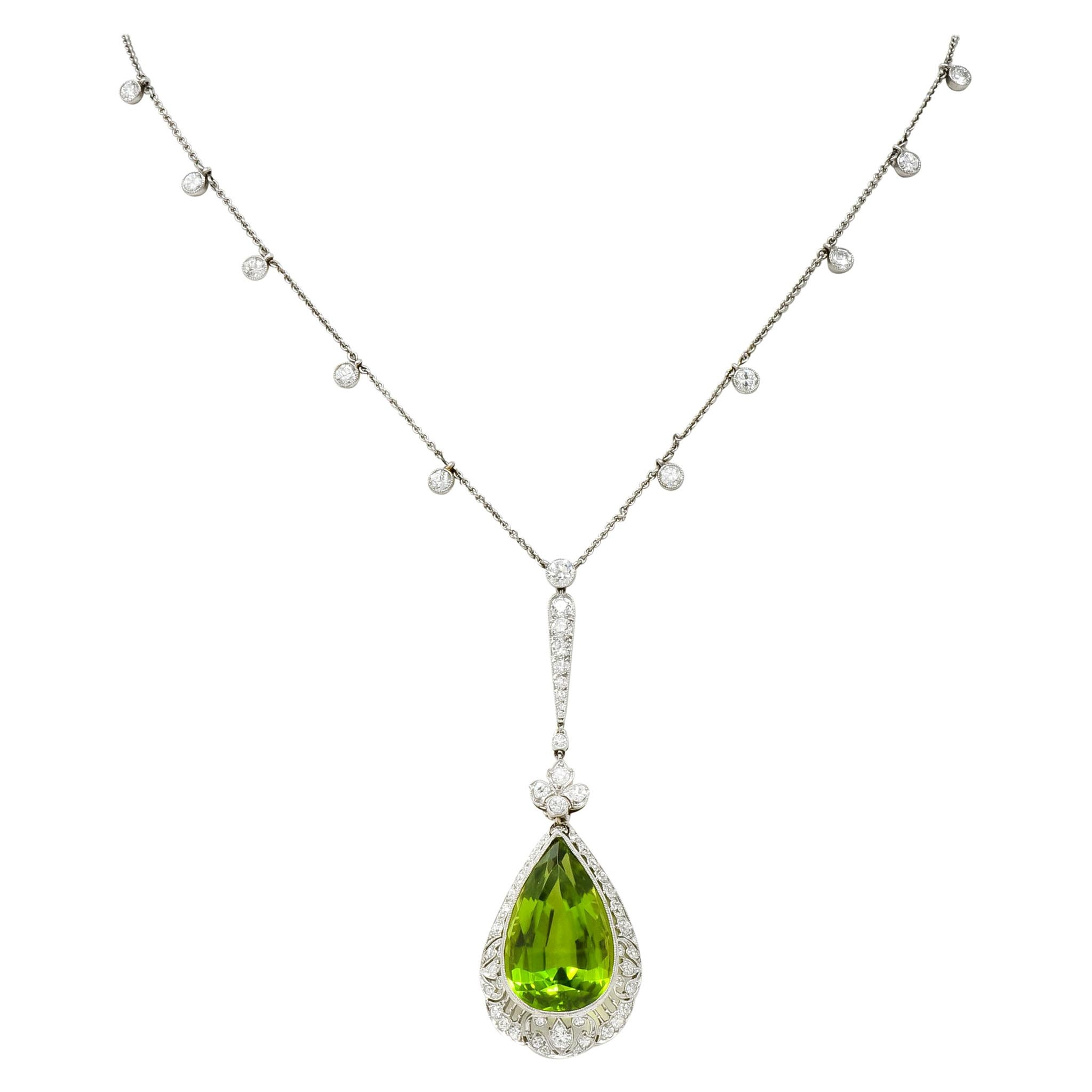 Belle Époque 21.00 Carat Peridot Diamond Platinum Pear Drop Necklace