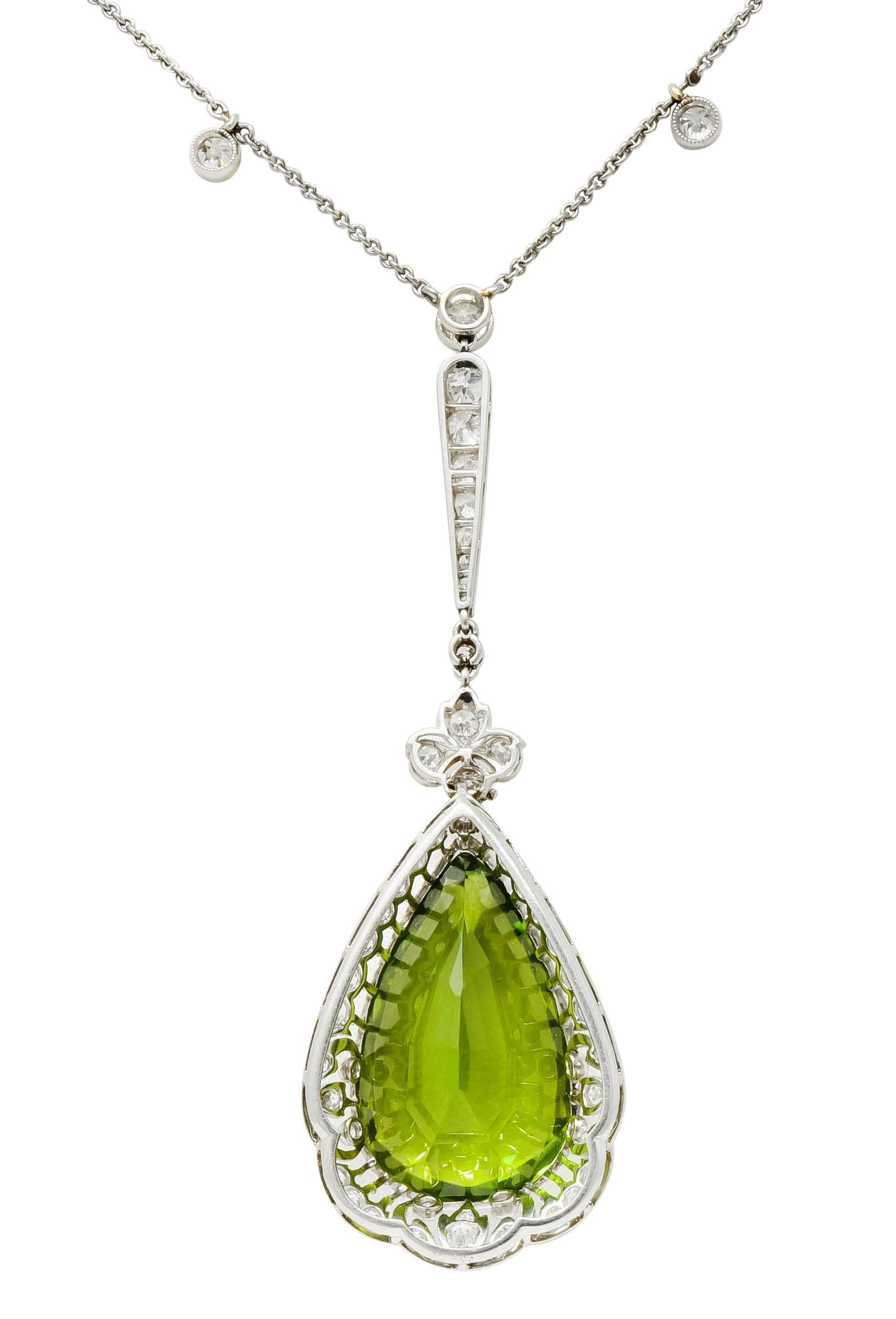 Belle Époque 21.00 Carat Peridot Diamond Platinum Pear Drop Necklace 1