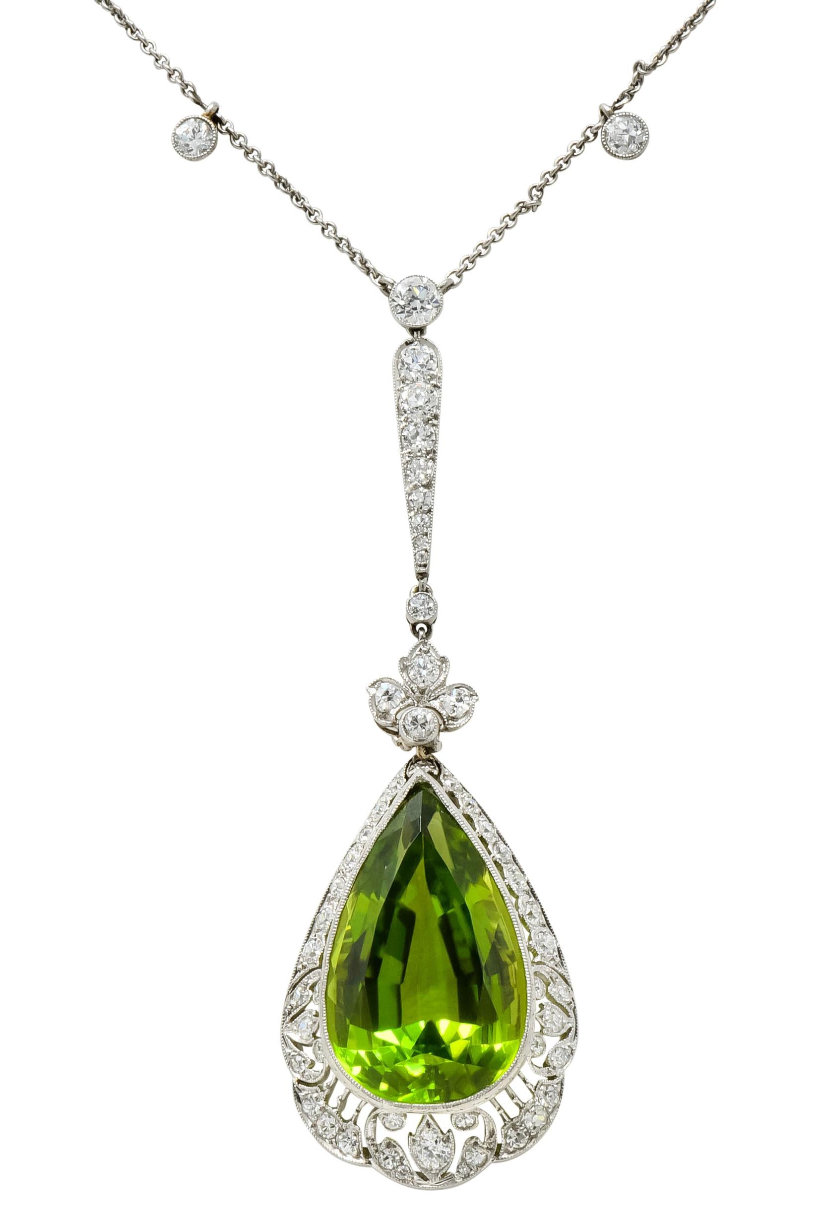 Belle Époque 21.00 Carat Peridot Diamond Platinum Pear Drop Necklace 2