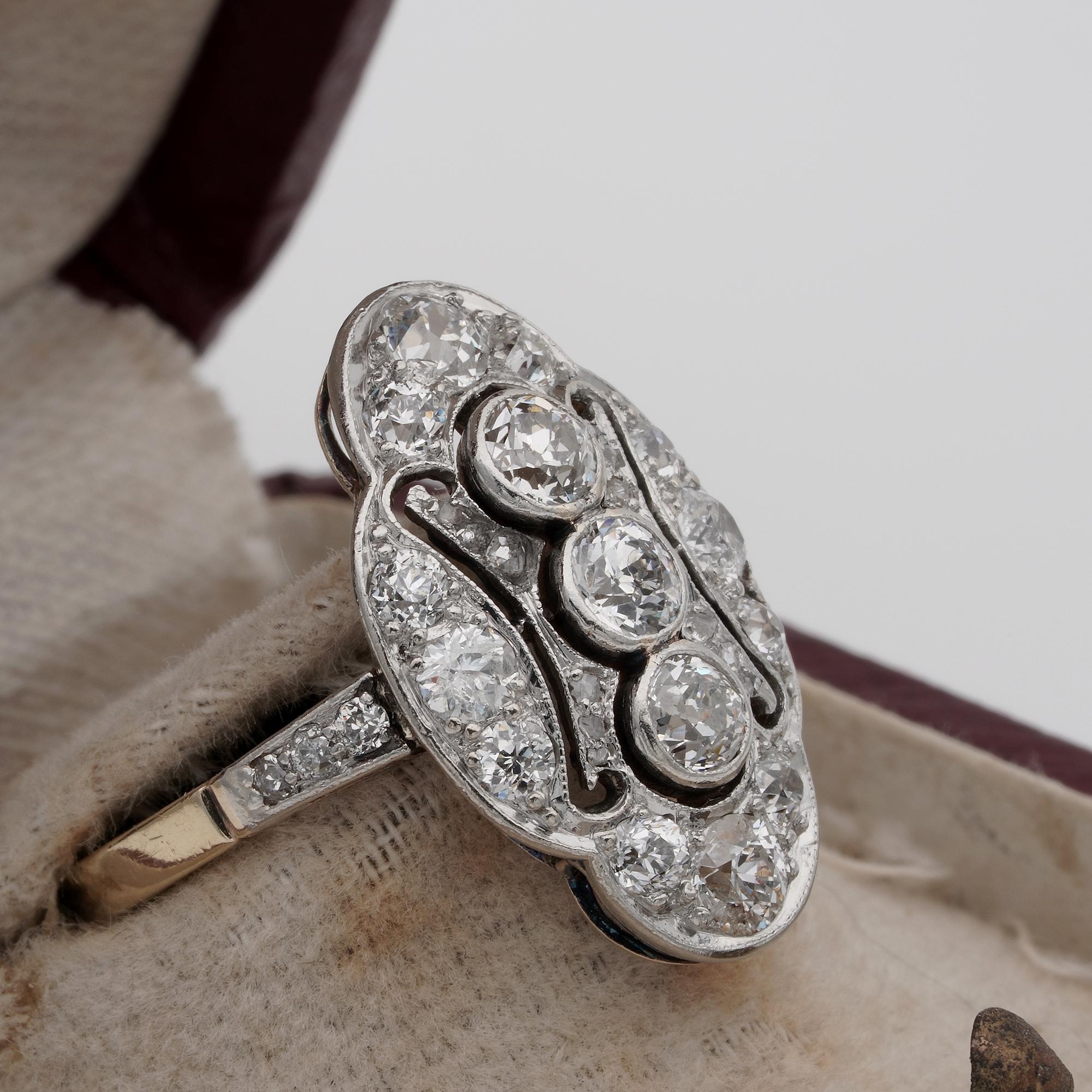 Belle Epoque 2.15 Carat Diamond Panel Ring Plat /Gold French Import Marks In Good Condition In Napoli, IT