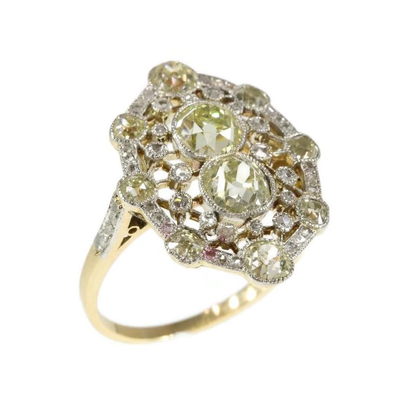 Belle Époque 2.20 Carat Fancy Yellow Diamond 18 Karat Gold Engagement Ring For Sale 6