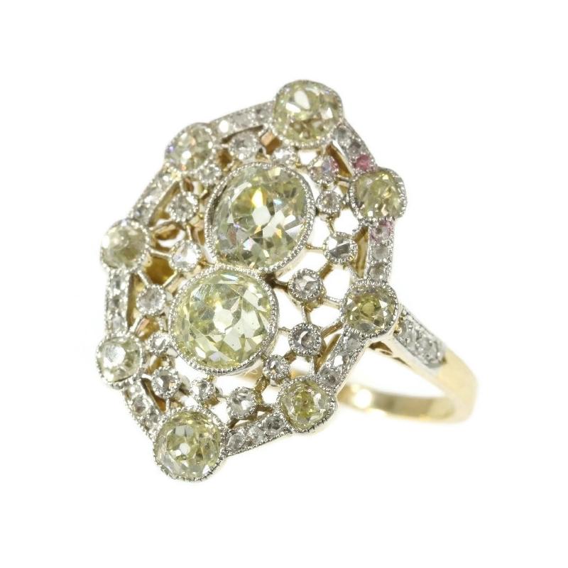 Belle Époque 2.20 Carat Fancy Yellow Diamond 18 Karat Gold Engagement Ring For Sale