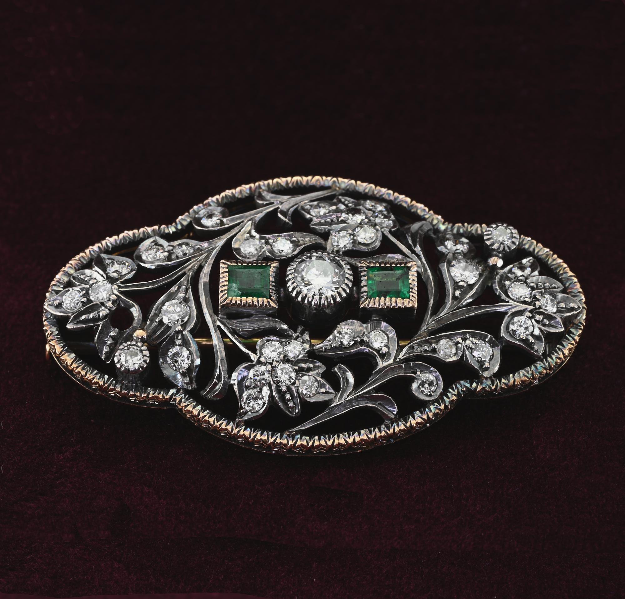 This beautiful Belle Epoque wide brooch is 1910 ca
Skillfully hand crafted of solid 18 Kt gold warm rose color topped by silver
Beautiful past artwork expressed in a large oval plaque wrought with vegetable leaf open work loaded with Diamonds and