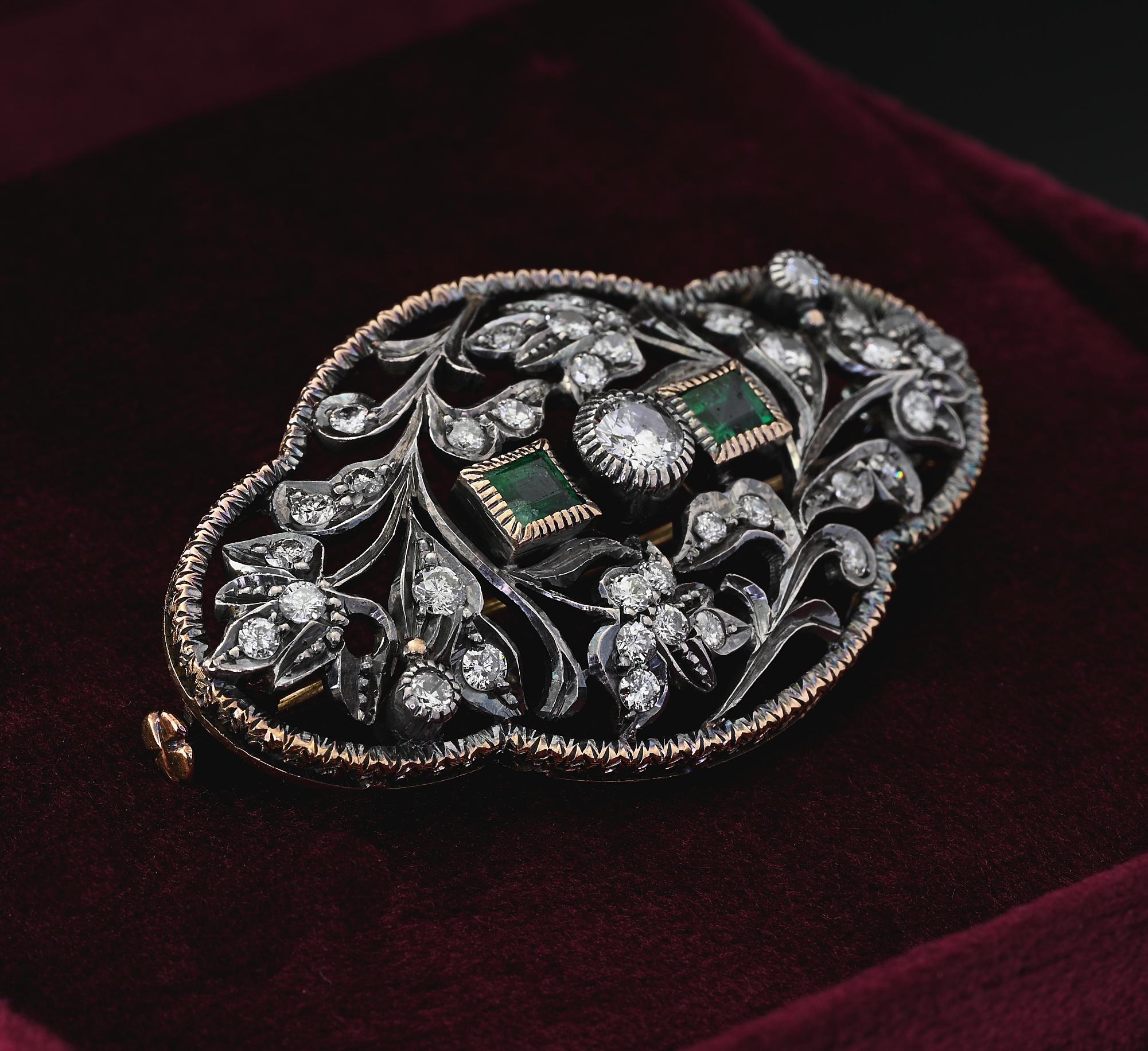 Emerald Cut Belle Epoque 2.50 Ct Diamond Emerald Plaque brooch For Sale