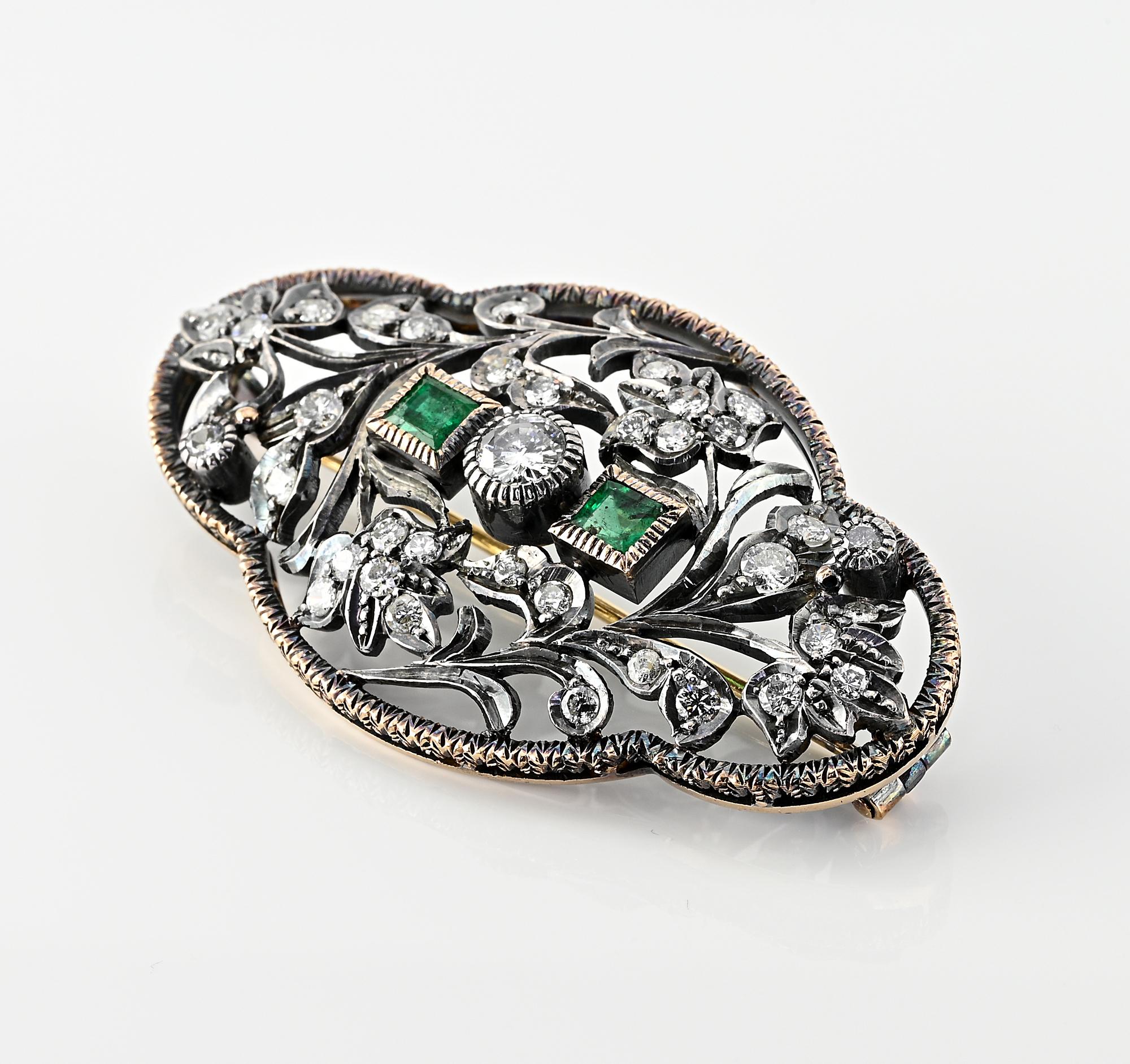 Belle Epoque 2.50 Ct Diamond Emerald Plaque brooch In Good Condition For Sale In Napoli, IT