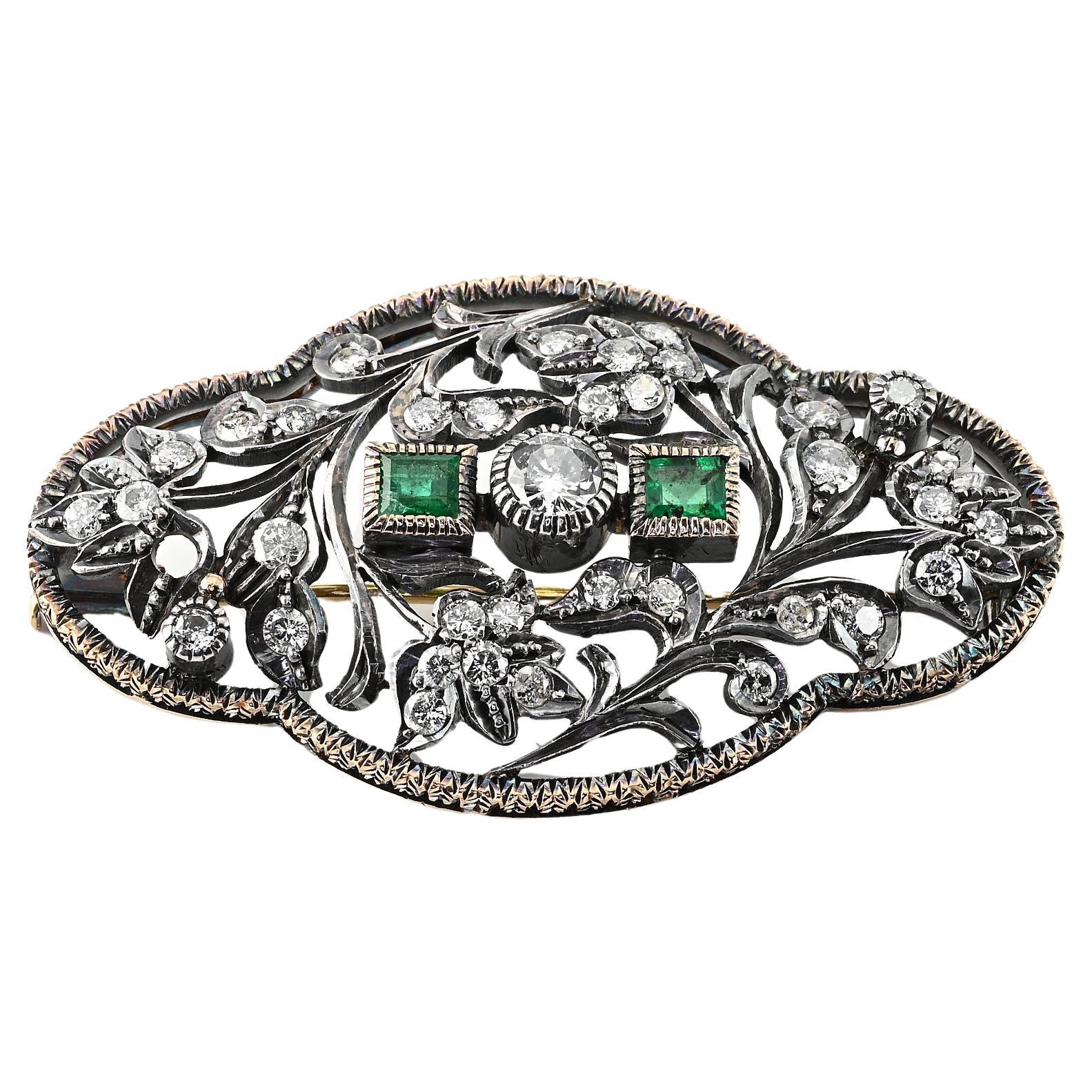 Belle Epoque 2.50 Ct Diamond Emerald Plaque brooch For Sale