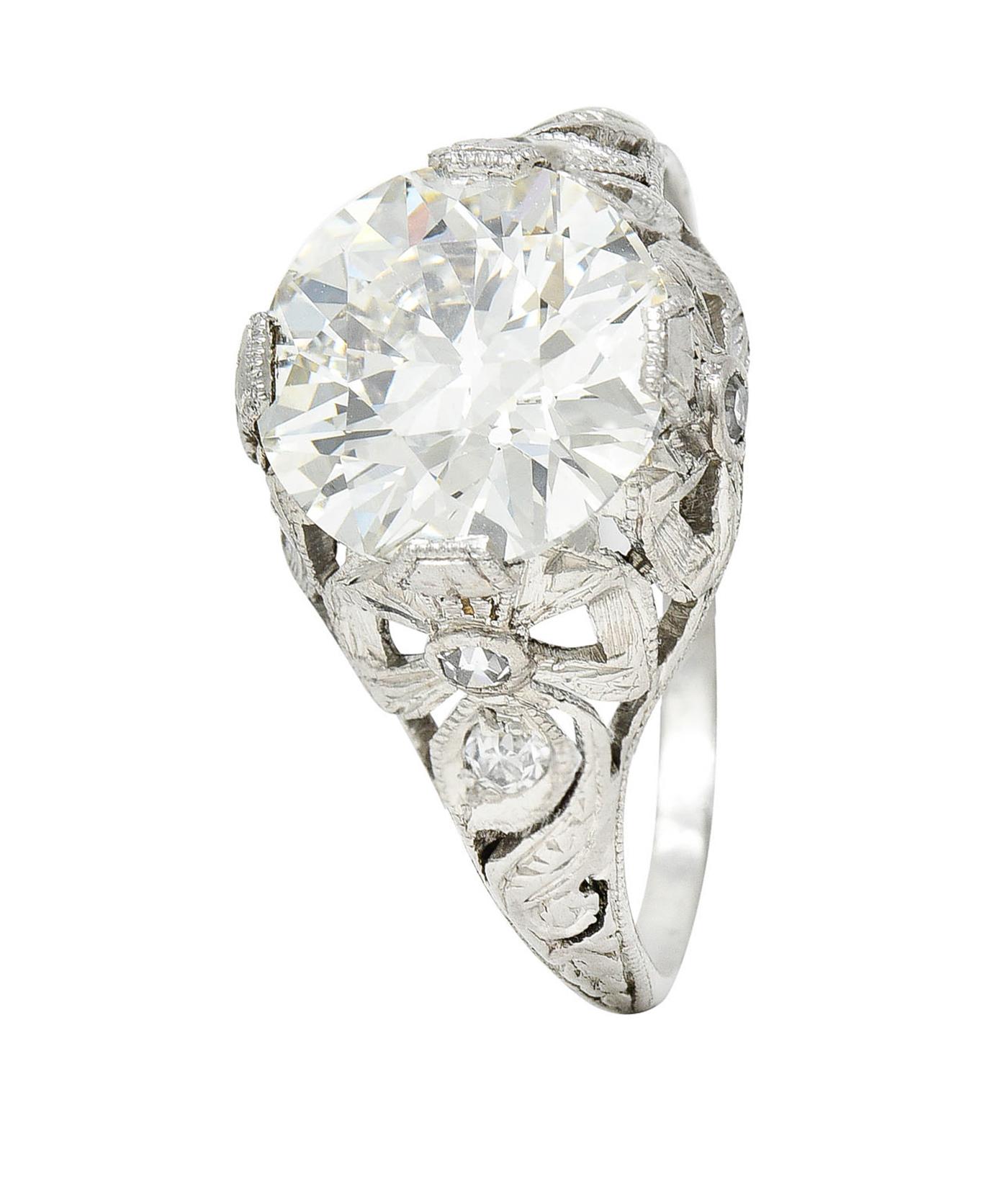 Belle Epoque 2.97 Carats European Diamond Platinum Bow Antique Engagement Ring For Sale 4