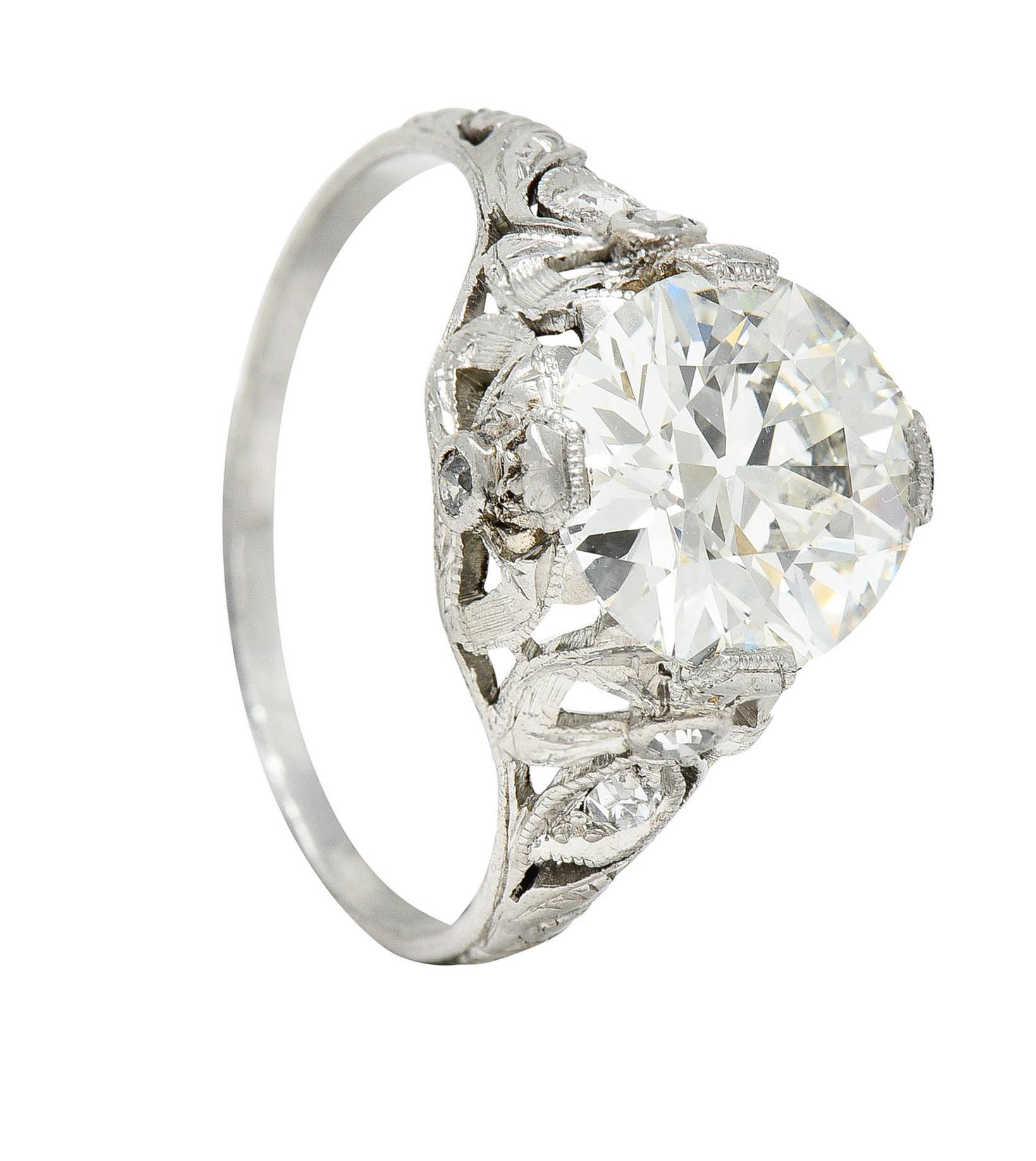 Belle Epoque 2.97 Carats European Diamond Platinum Bow Antique Engagement Ring For Sale 5