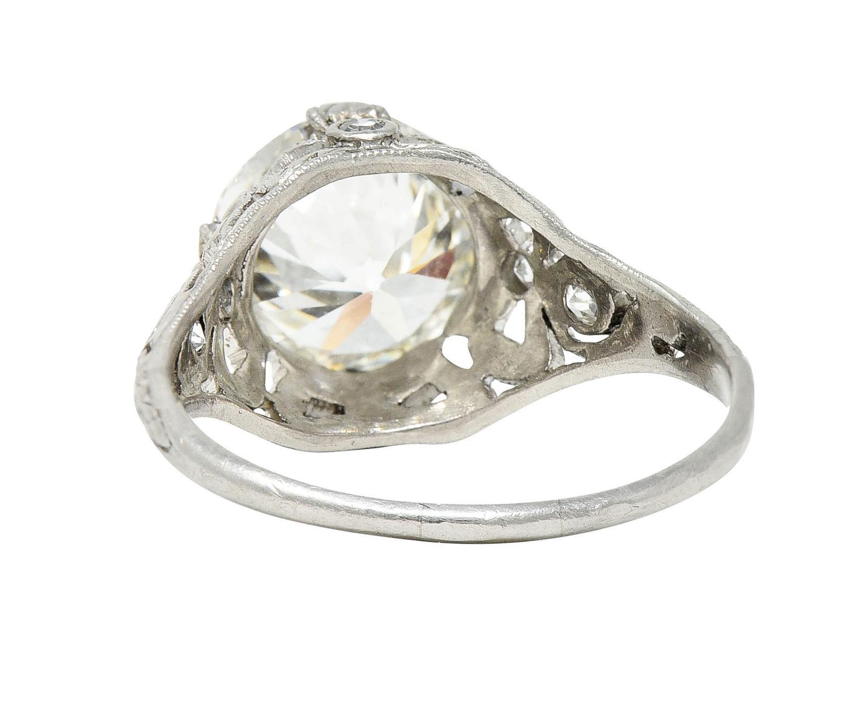 Old European Cut Belle Epoque 2.97 Carats European Diamond Platinum Bow Antique Engagement Ring For Sale