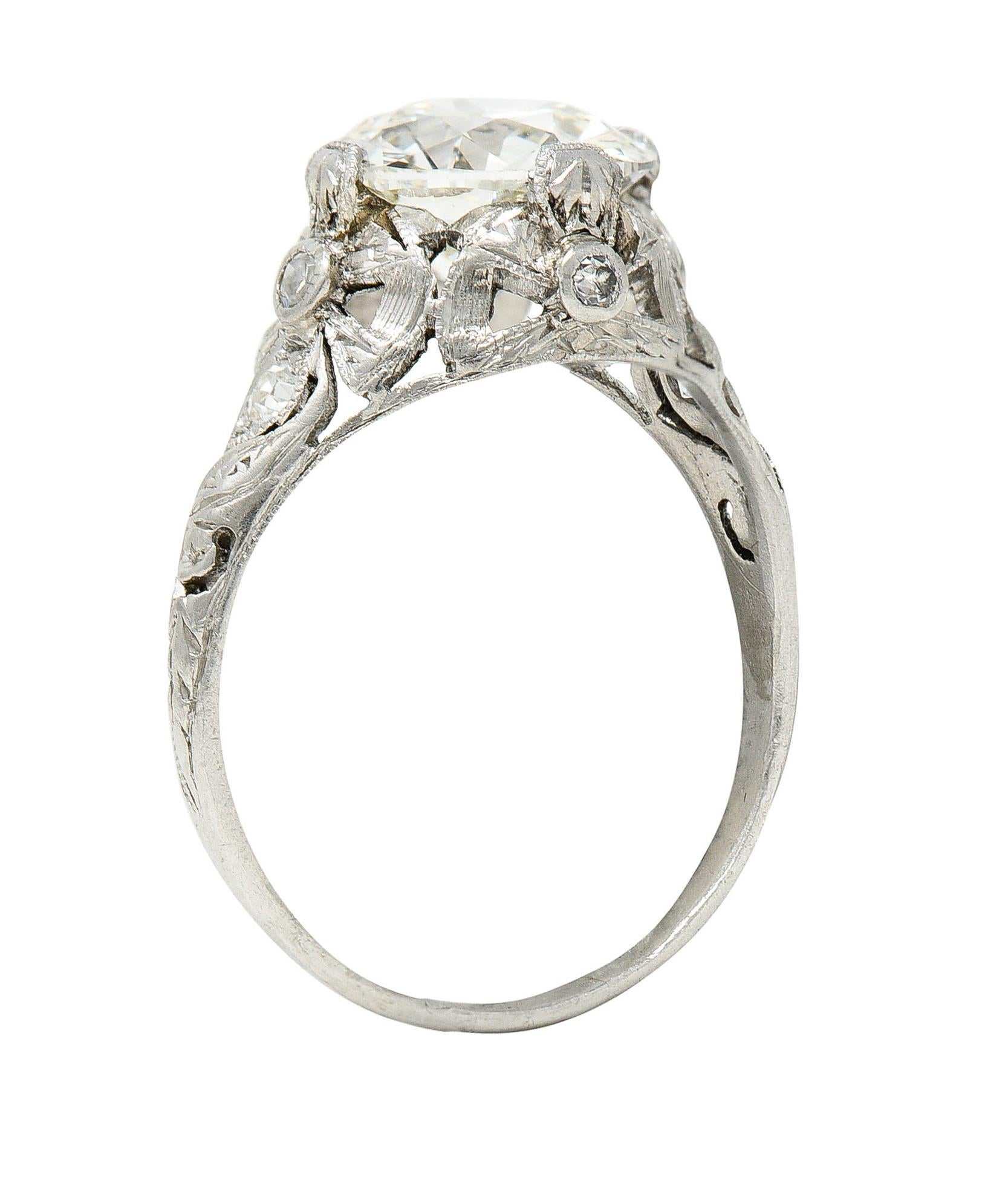 Belle Epoque 2.97 Carats European Diamond Platinum Bow Antique Engagement Ring For Sale 2