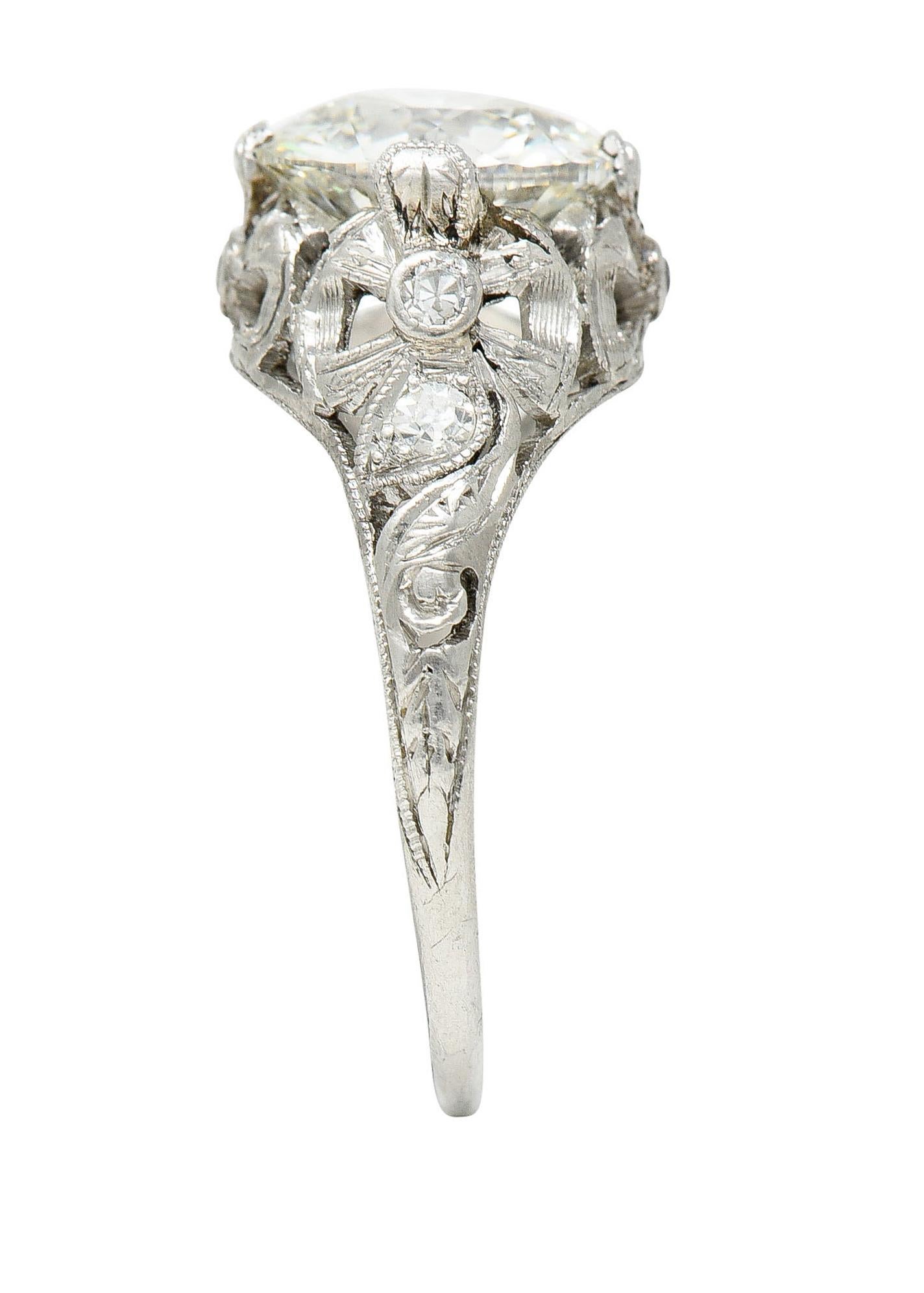 Belle Epoque 2.97 Carats European Diamond Platinum Bow Antique Engagement Ring For Sale 3
