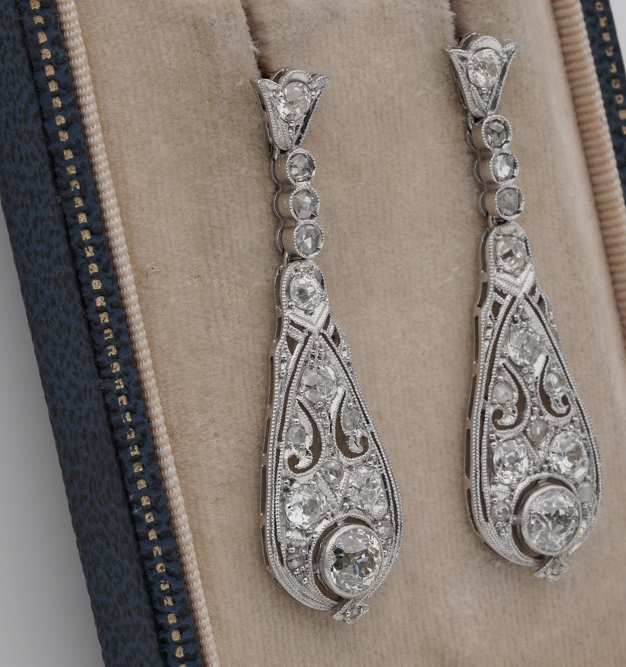 Belle Époque Belle Epoque 3.60 Ct Old Cut Diamond Platinum Drop earrings For Sale