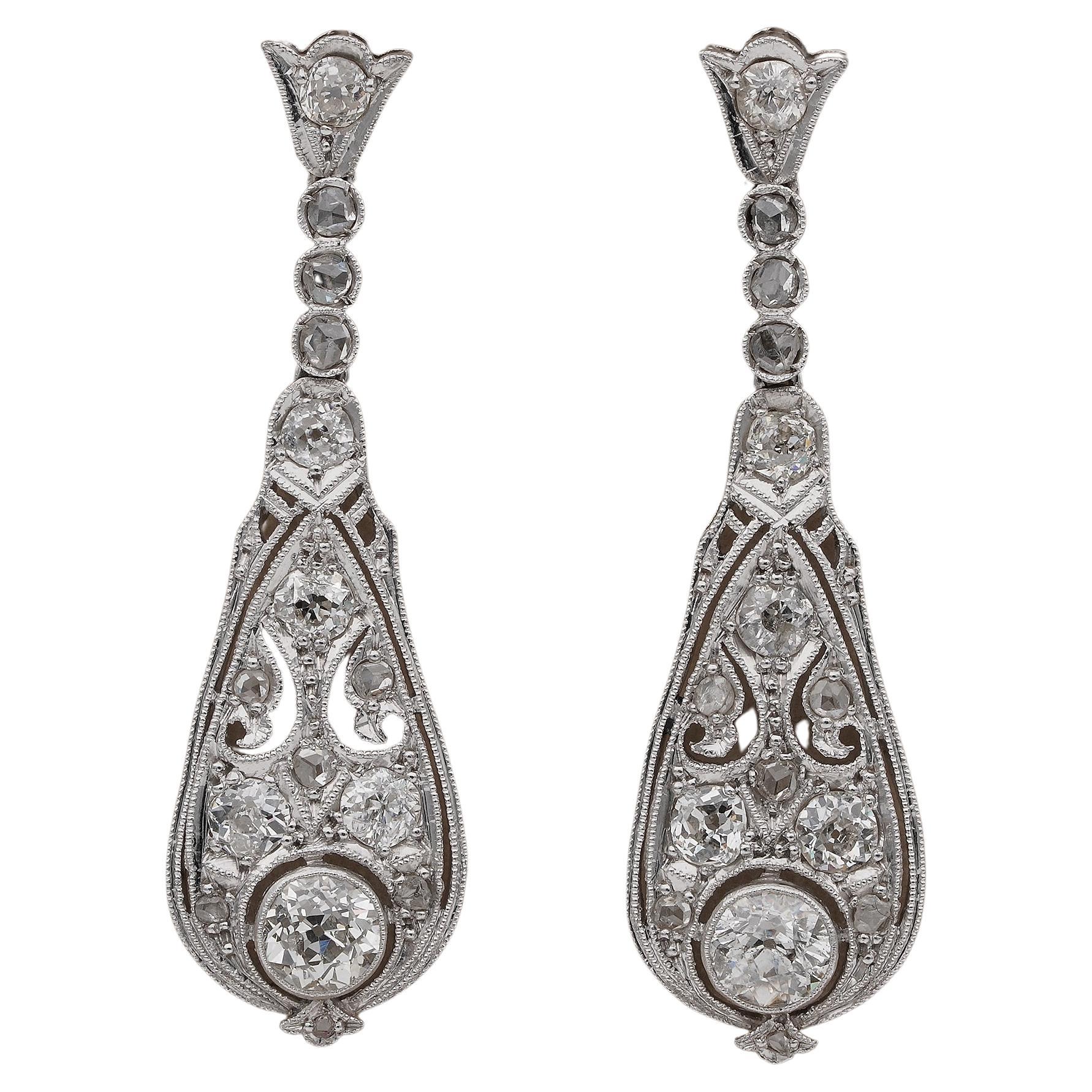 Belle Epoque 3.60 Ct Old Cut Diamond Platinum Drop earrings For Sale