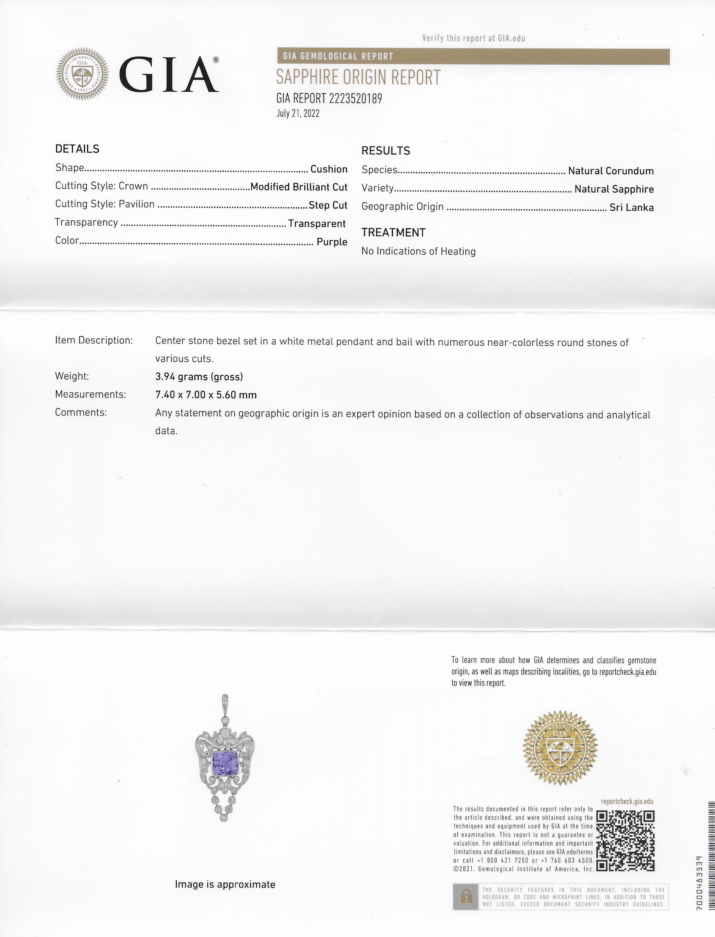 Belle Époque 4.04 CTW No Heat Ceylon Sapphire Diamond Platinum Drop Necklace GIA For Sale 5