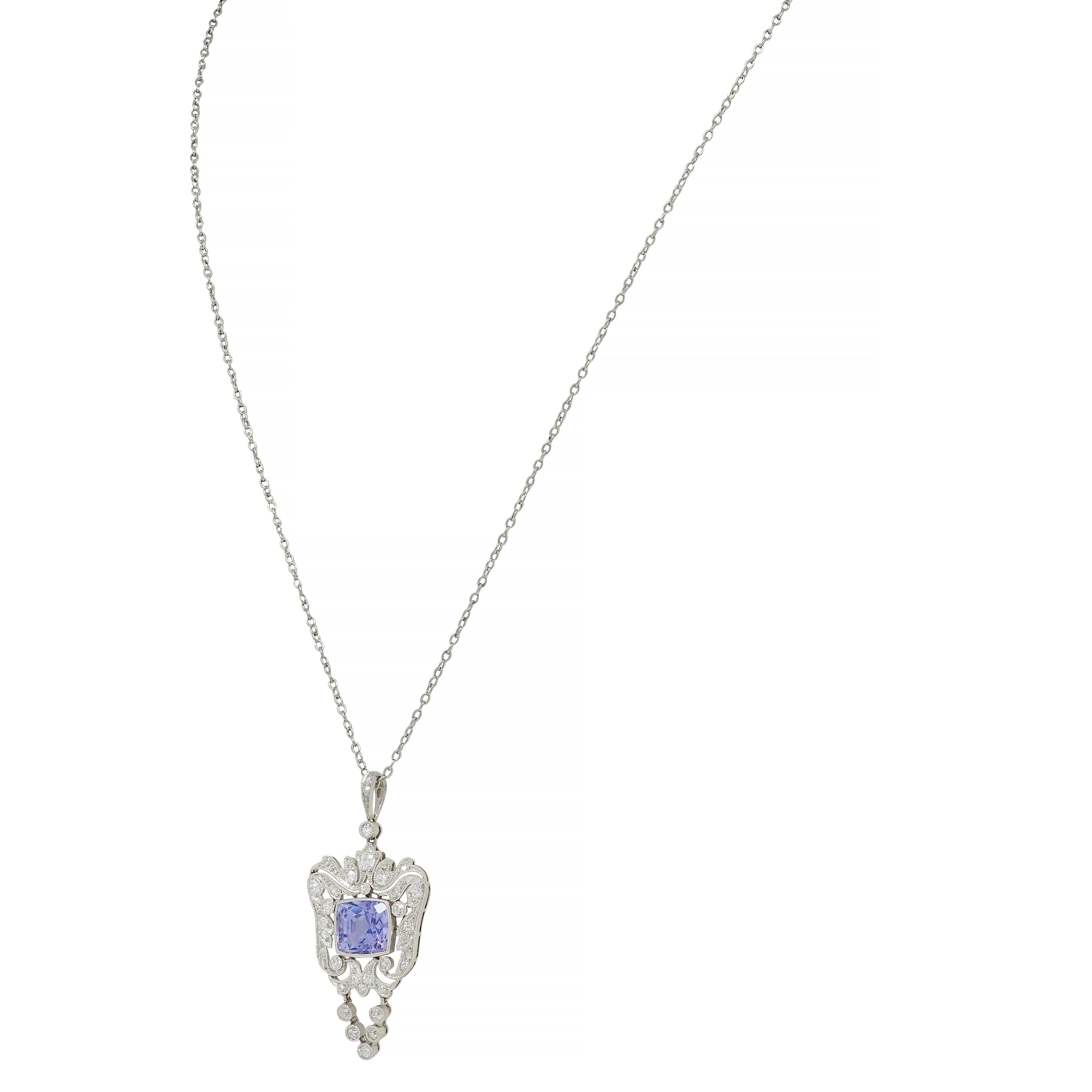 Belle Époque 4.04 CTW No Heat Ceylon Sapphire Diamond Platinum Drop Necklace GIA In Excellent Condition For Sale In Philadelphia, PA