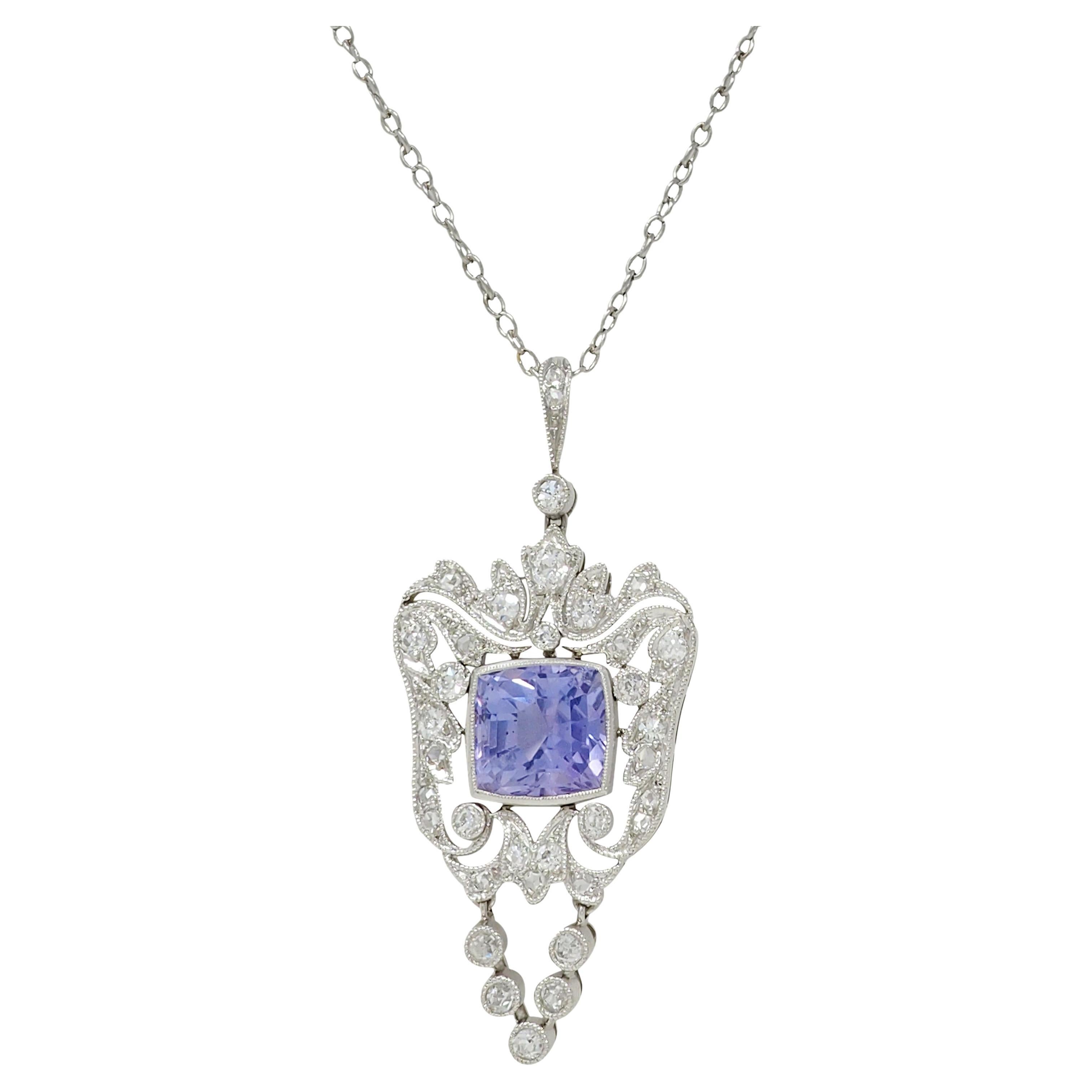 Belle Époque 4.04 CTW No Heat Ceylon Sapphire Diamond Platinum Drop Necklace GIA For Sale