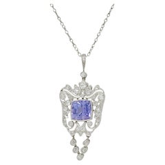 Antique Belle Époque 4.04 CTW No Heat Ceylon Sapphire Diamond Platinum Drop Necklace GIA