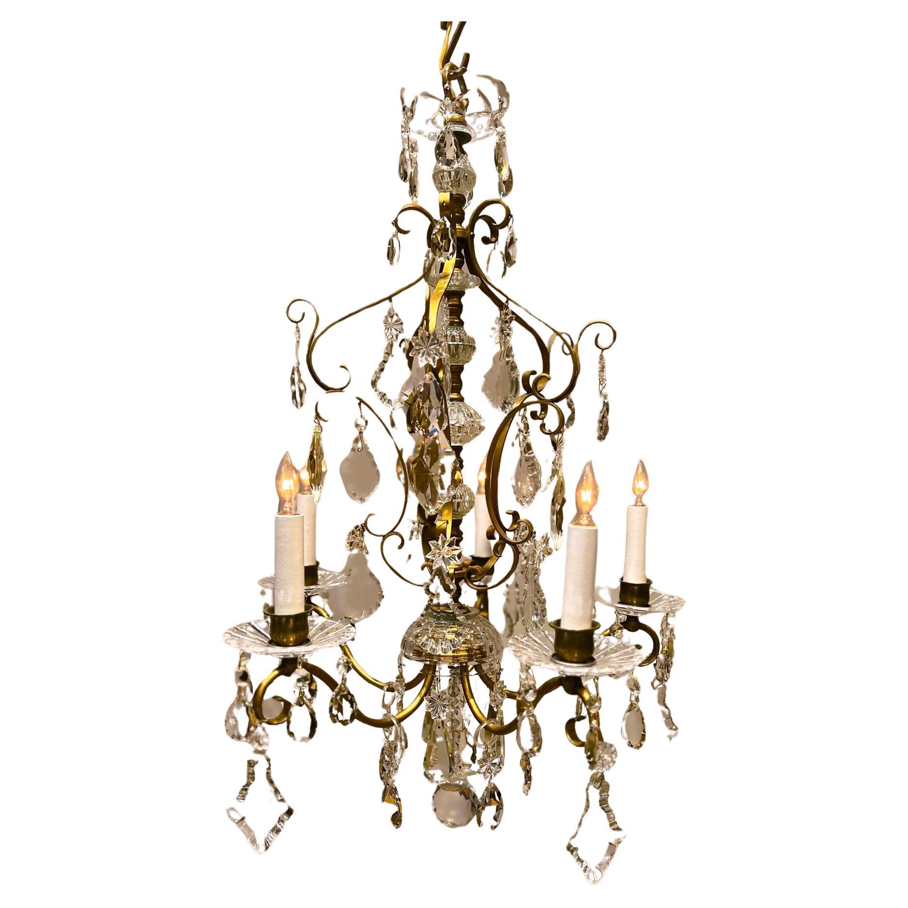 Belle Epoque 5-Light Brass & Crystal Chandelier, France, Circa:1910 For Sale