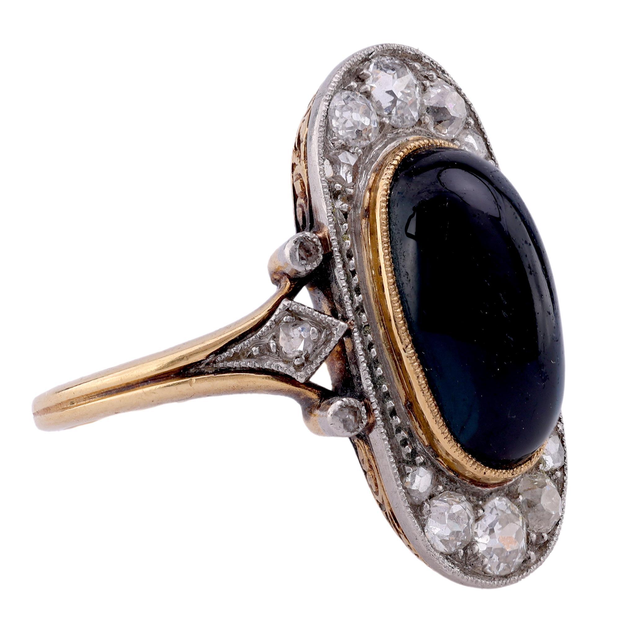 Belle Époque 5,3 Karat Cabochon Saphir Diamant 18K Gelbgold Navette Ring im Zustand „Hervorragend“ in Beverly Hills, CA