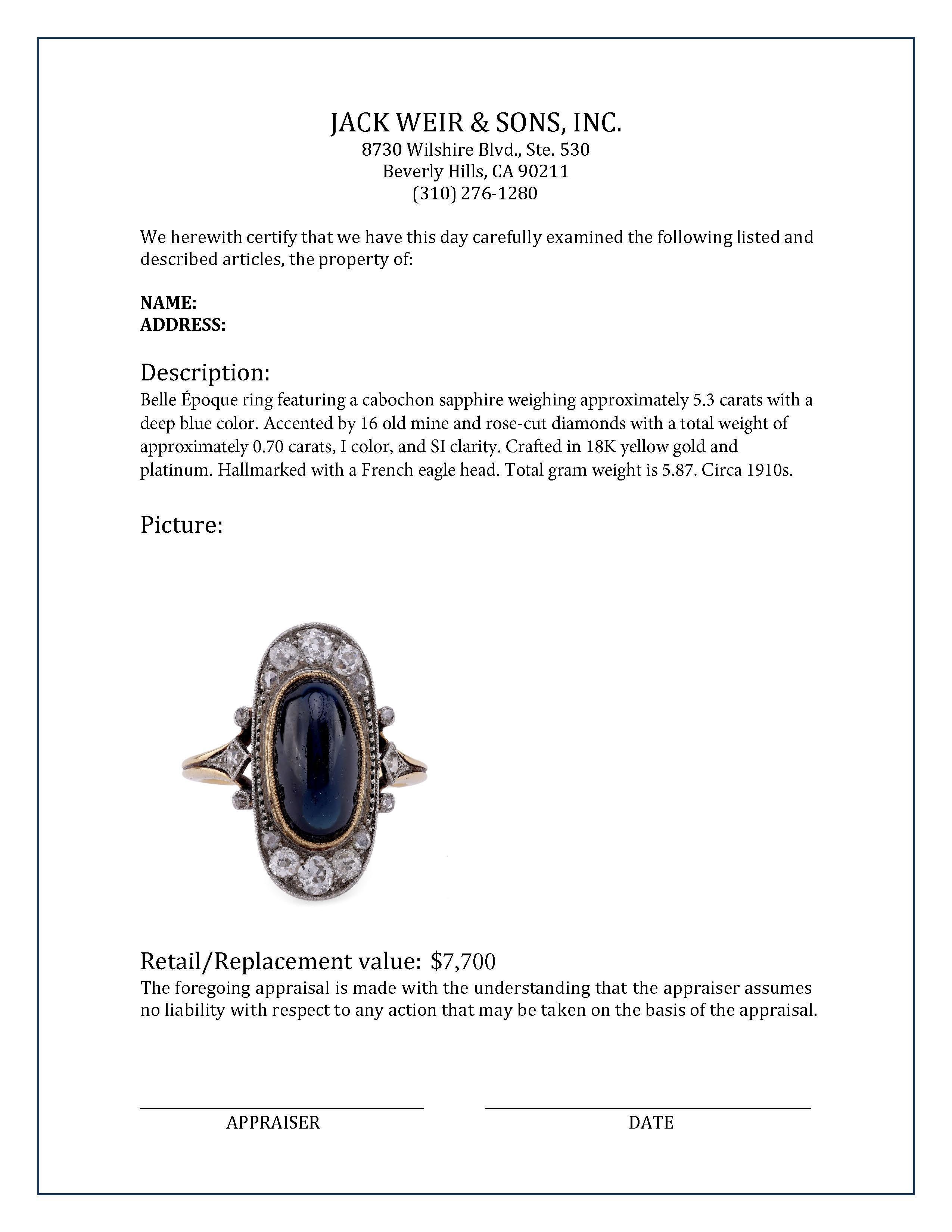 Belle Époque 5,3 Karat Cabochon Saphir Diamant 18K Gelbgold Navette Ring 1