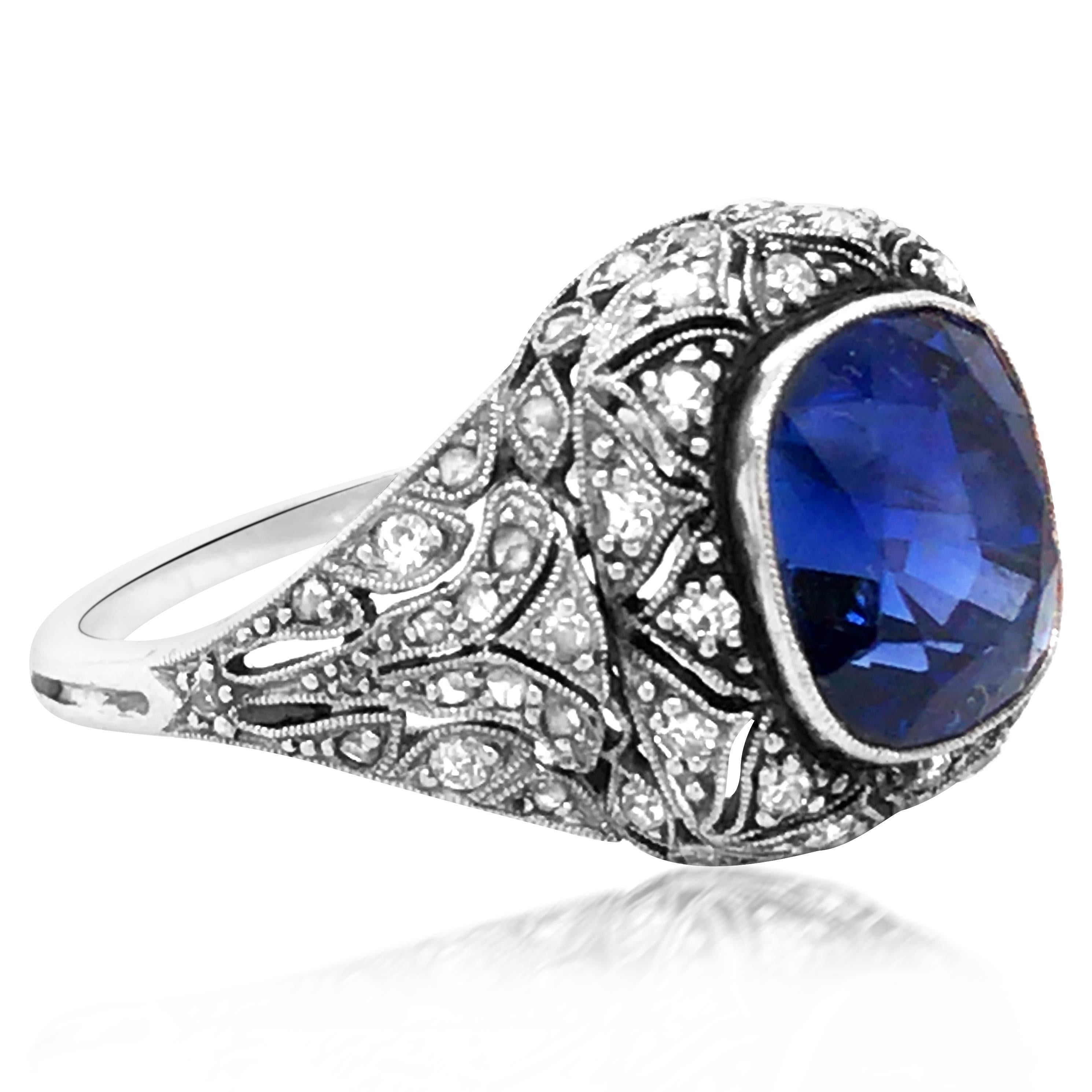 Cushion Cut Belle Epoque 5.61ct Burma No-Heat Sapphire Diamond Ring, GIA For Sale
