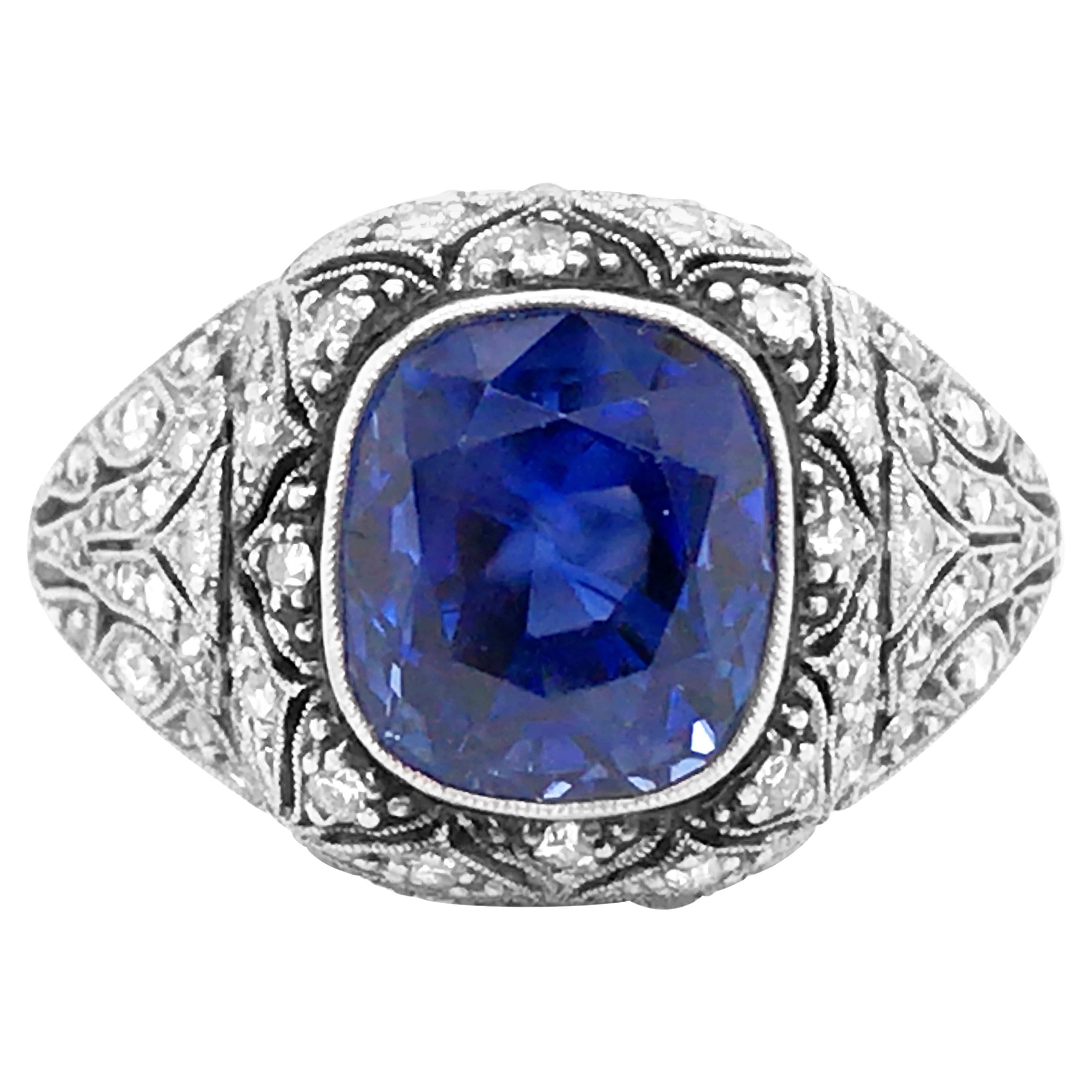 Belle Epoque 5.61ct Burma No-Heat Sapphire Diamond Ring, GIA For Sale