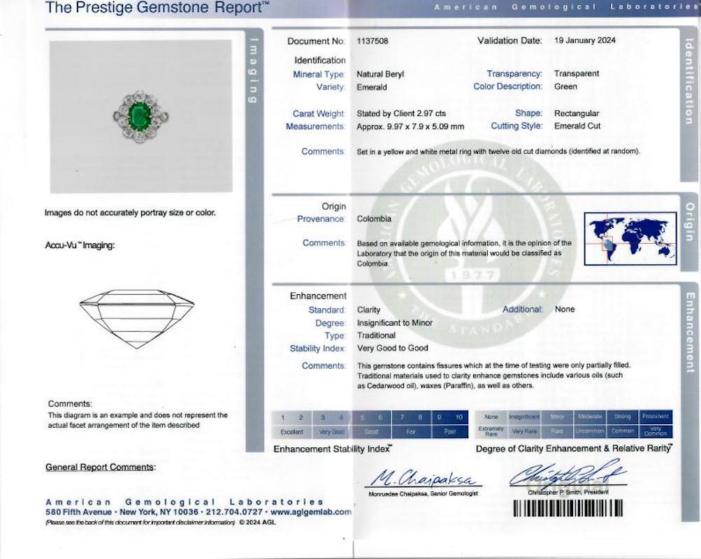 Belle Époque AGL 2,97 Karat kolumbianisches unbedeutendes Öl 18k Platin Ring 2