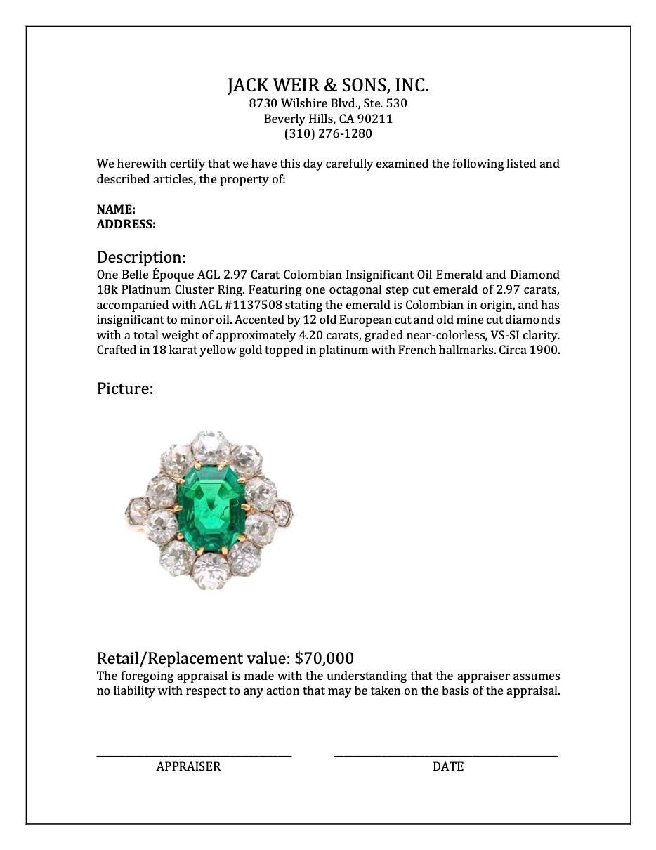 Belle Époque AGL 2,97 Karat kolumbianisches unbedeutendes Öl 18k Platin Ring 3