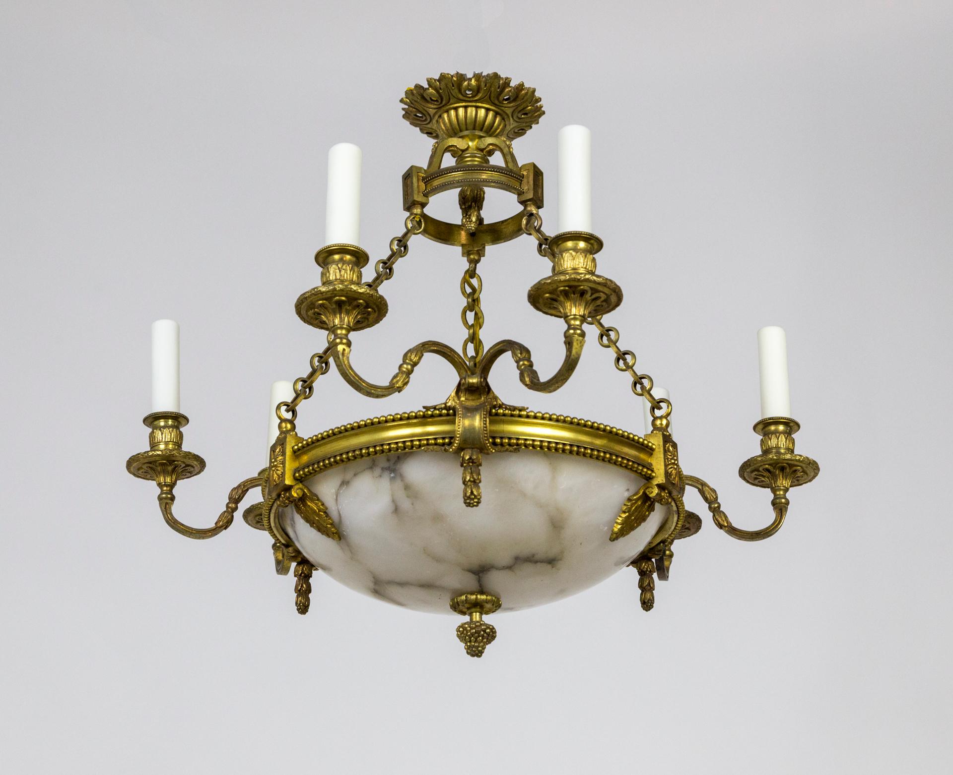 French Belle Époque Alabaster Bowl and Gilt Bronze Twin Arms Chandelier For Sale