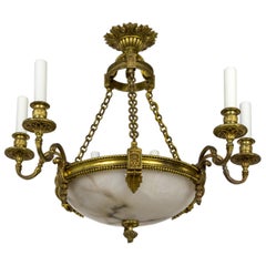 Lampadario Belle Époque a due bracci con ciotola in alabastro e bronzo dorato