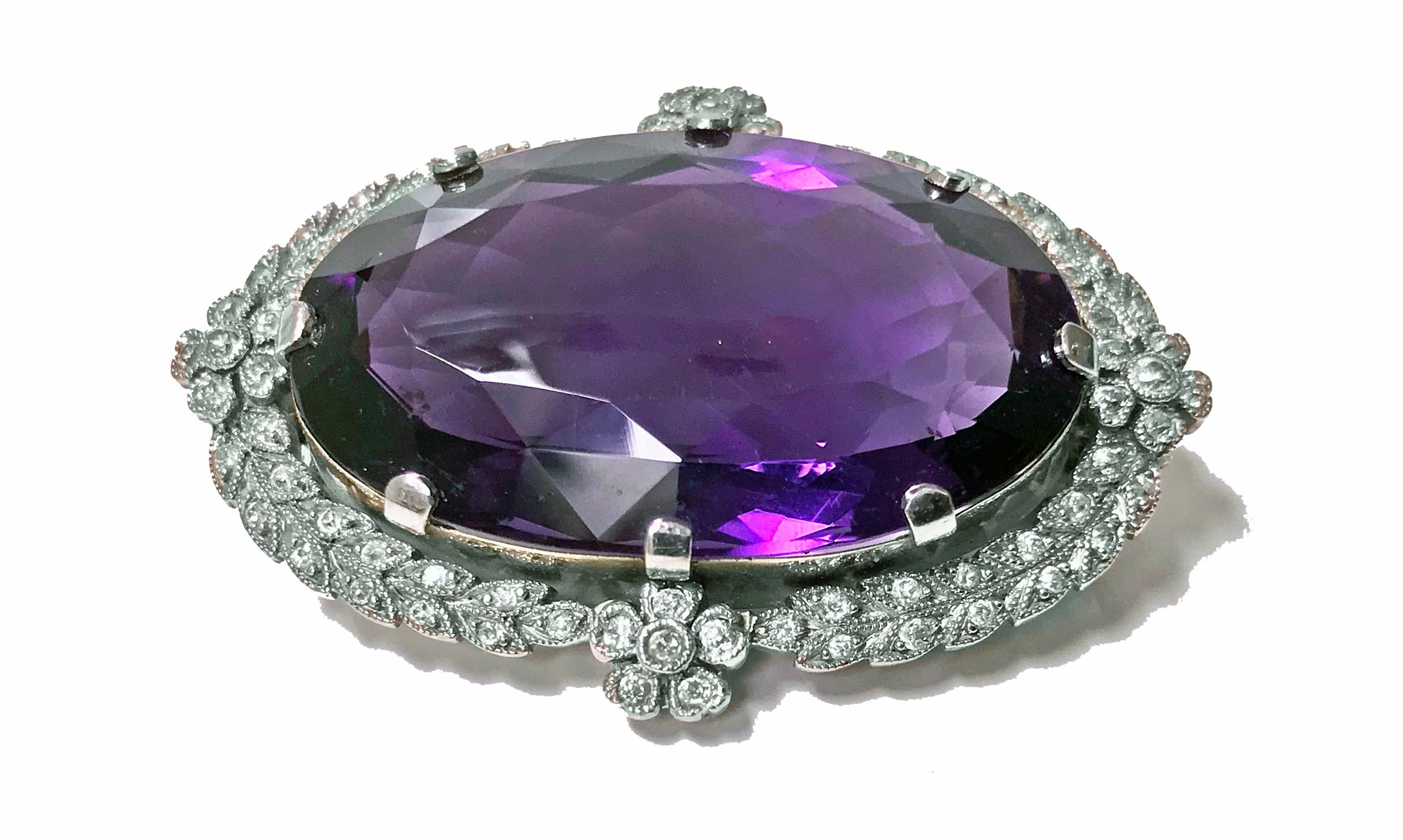 Women's or Men's Belle Époque Amethyst Diamond Brooch Pendant