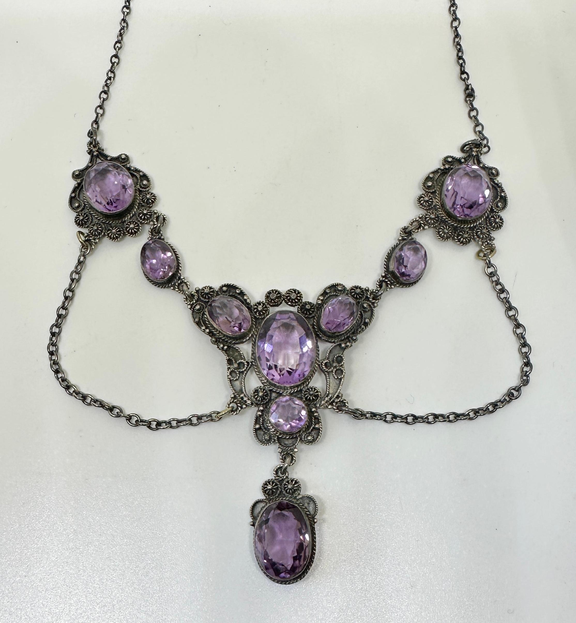Belle Époque Belle Epoque Amethyst Festoon Necklace Sterling Silver Antique Art Nouveau For Sale