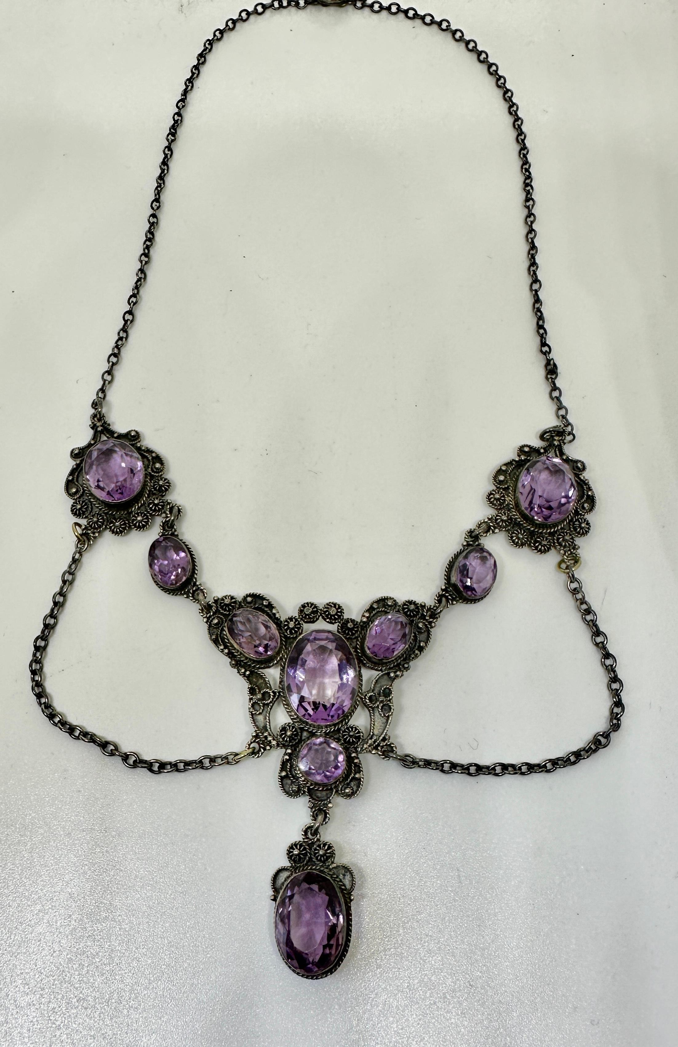 Oval Cut Belle Epoque Amethyst Festoon Necklace Sterling Silver Antique Art Nouveau For Sale