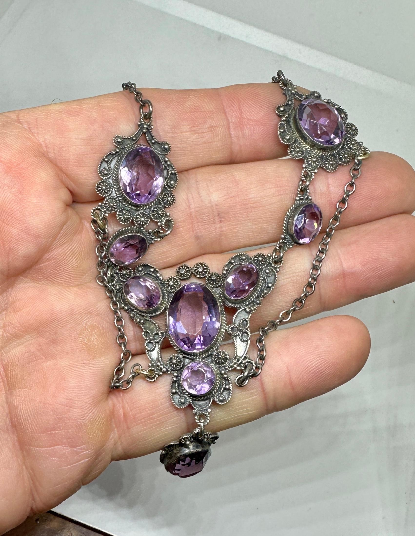 Belle Epoque Amethyst Festoon Necklace Sterling Silver Antique Art Nouveau In Excellent Condition For Sale In New York, NY